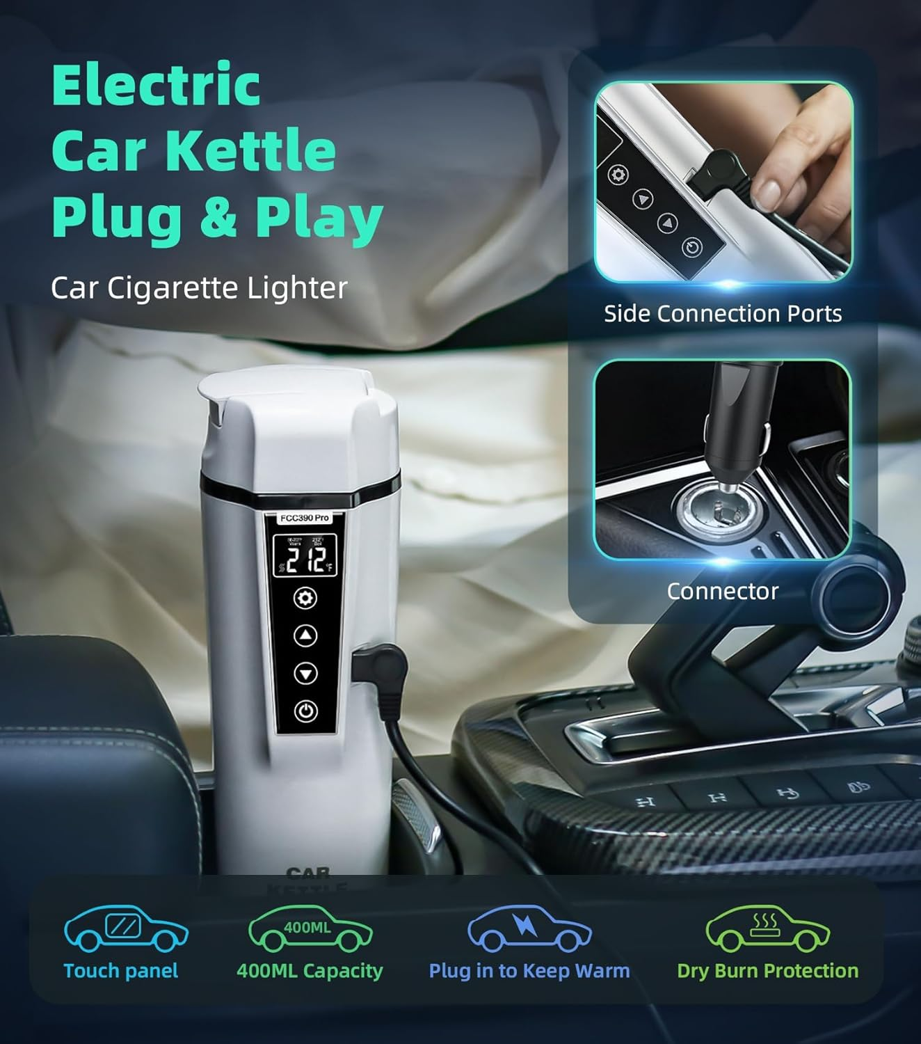 Kettles 12V/24V Mini Car Electric Kettle for Travel Camping Coffee Tea Milk Warmer Cup,Portable Water Boiler Heated Handy Travel Mug Stainless Steel Instant Hot Water Dispenser (White)