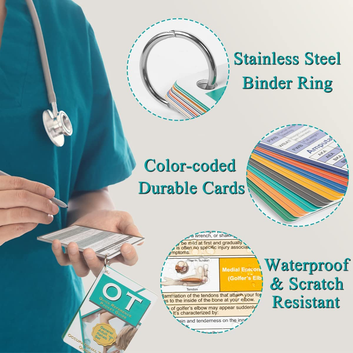 Uniarea Occupational Therapy Reference Pocket Guide - Must Have OT Resource, 32 Pages OT Quick Tips for OT Student Occupational Therapist Gifts, 17 Cards Pocket Sized 3"&times;5" - General Adult Rehab Set image number 1