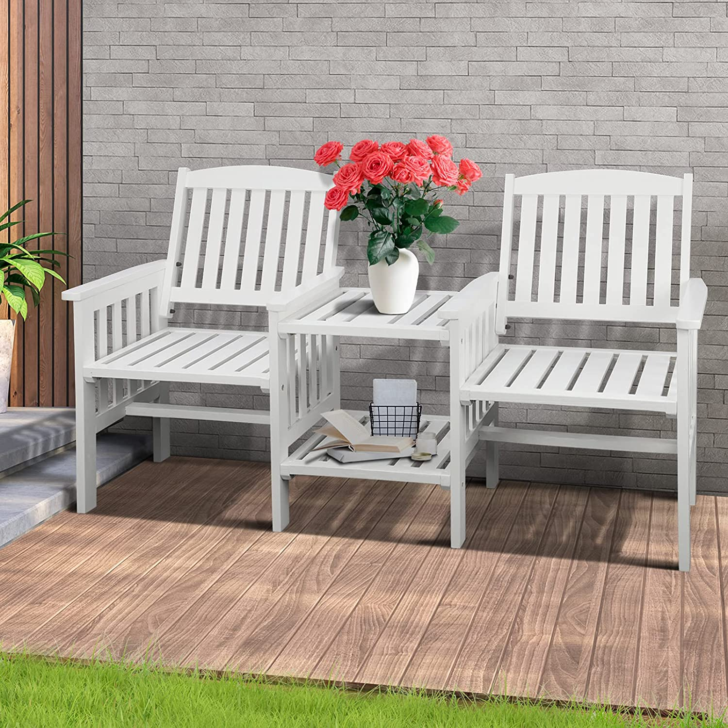 Livsip Outdoor Chair Wooden Garden Bench 2 Seat Table Loveseat Patio Furniture White