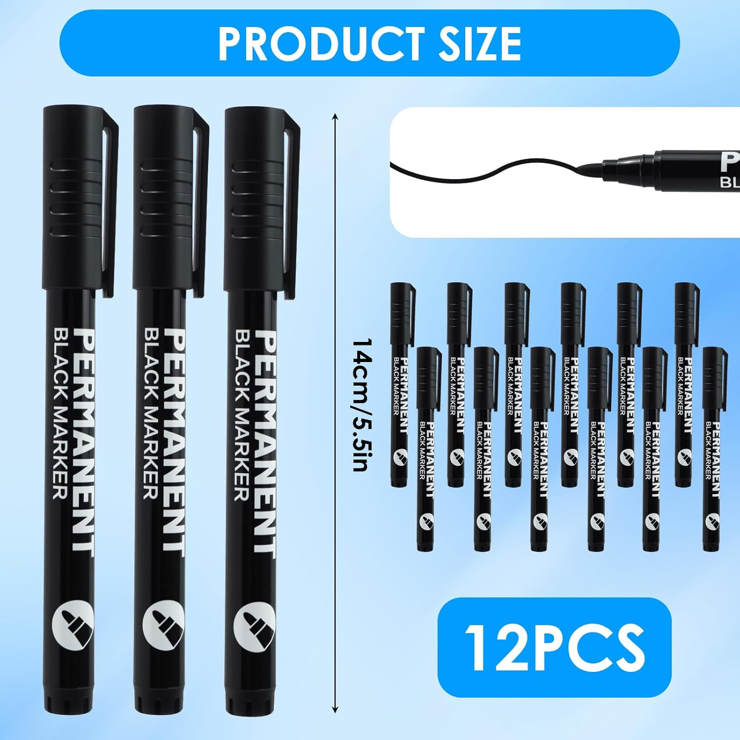 12 Pcs Black Permanent Marker Pen, Acrylic Gel Painting Pen for Glass Stone Rock Ceramic Wood Tire Fabric Metal Carton Mobile Phone Case, Water Based Waterproof Quick-Drying Strong-Coverage image number 1