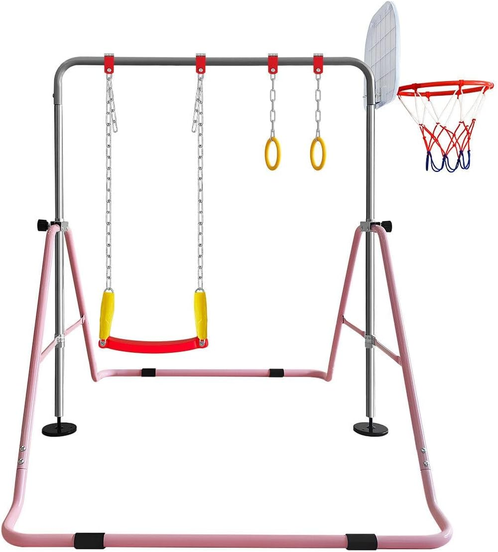 Genki Expandable Gymnastics Bars, Adjustable Height Gymnastic Horizontal Bars,Junior Climbing Frame Training Bar Children Folding Training Monkey Bars for Kids,Pink&hellip;