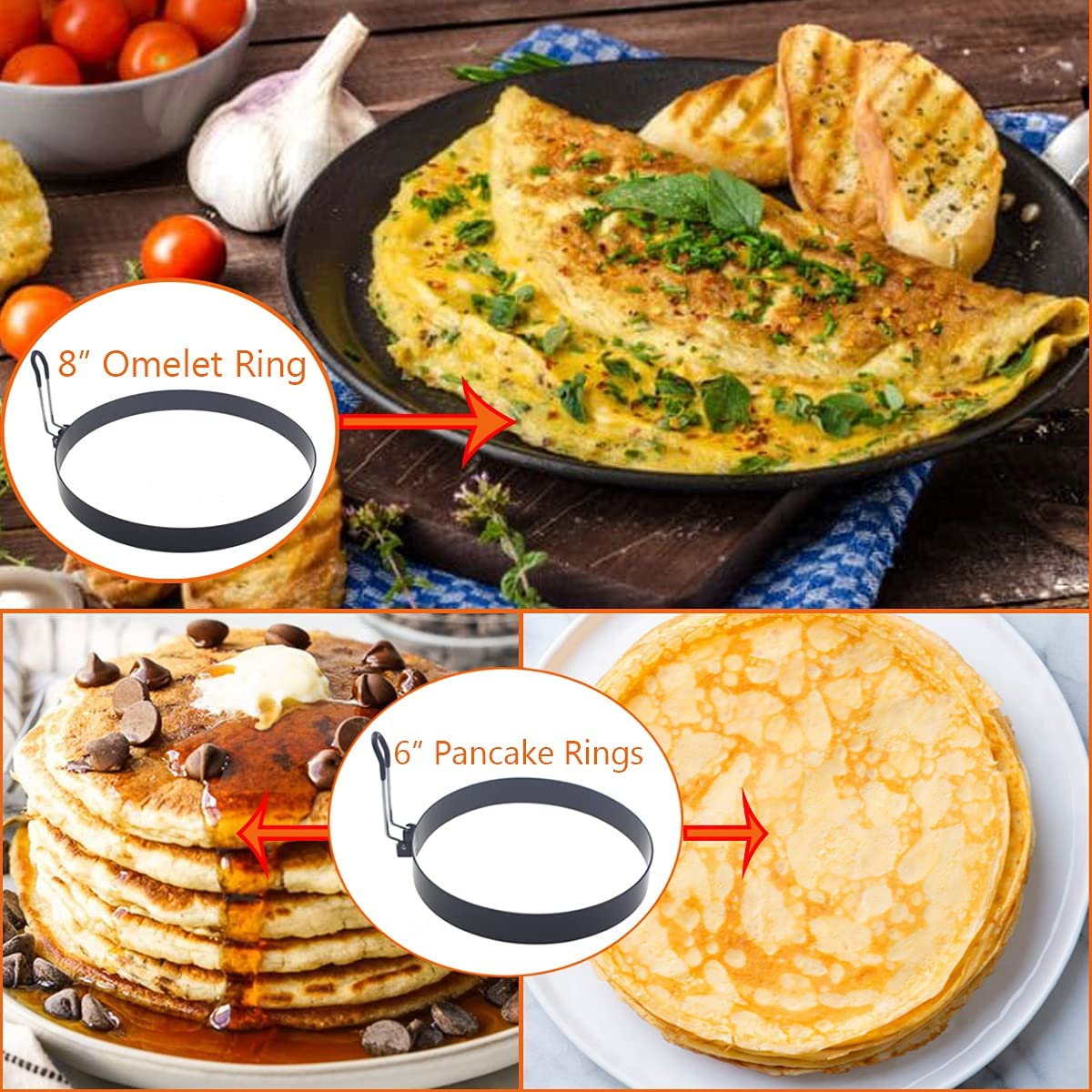 Stainless Steel Egg Cooker Set - 8" Omelette Ring, 6" Pancake Ring, 4" Griddle Egg Ring - Non-Stick, Upgrade Large 3 Packs Egg Cooking Rings with Oil Brush & Egg Separator image number 2