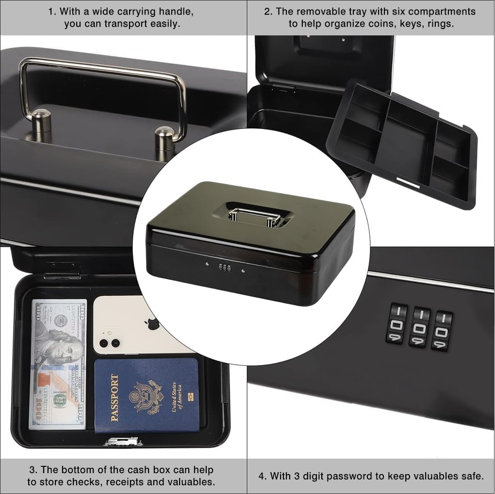 Steel Cash Box with Combination Lock, Metal Small Money Organizer with Money Tray, Cash Storage Box with Lockable Cover, Cash Drawer (Black, Small) image number 3