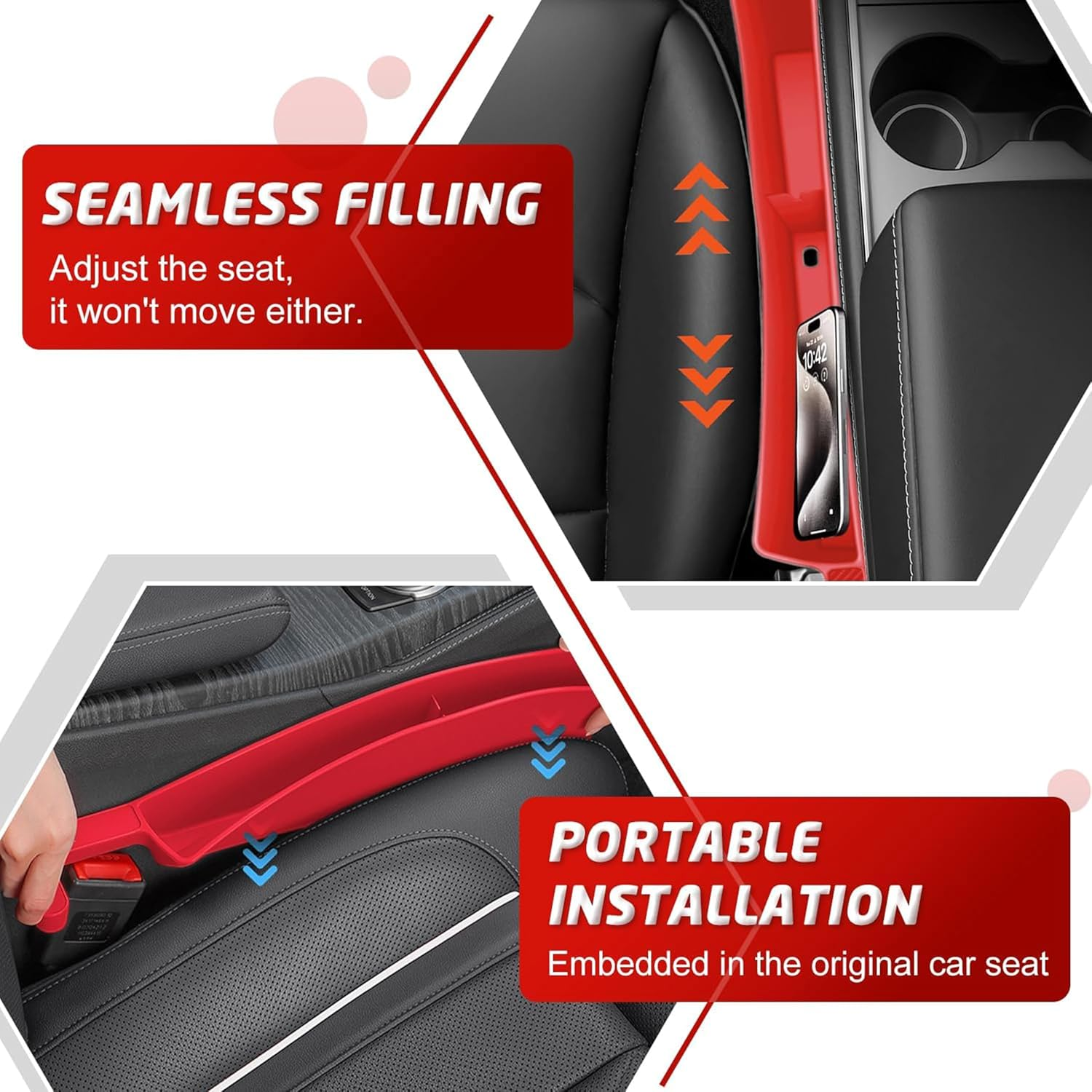 2PCS Car Seat Gap Filler Organizer,Multifunctional Car Gap Fillers with USB and Phone Holder,Auto Interior Accessories,Universal Car Seat Storage Organizer between Seats for Phone,Keys (Red) - Red image number 6