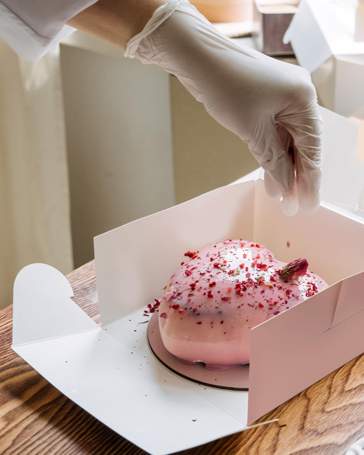 Qiqee 10X10X5 Inch Cake Box, 5 Sets Pink Cake round Boards ＆ 5 Sets 10 Inch Pink Cake Box with Window, Cake Containers(25.4X25.4X13Cm)