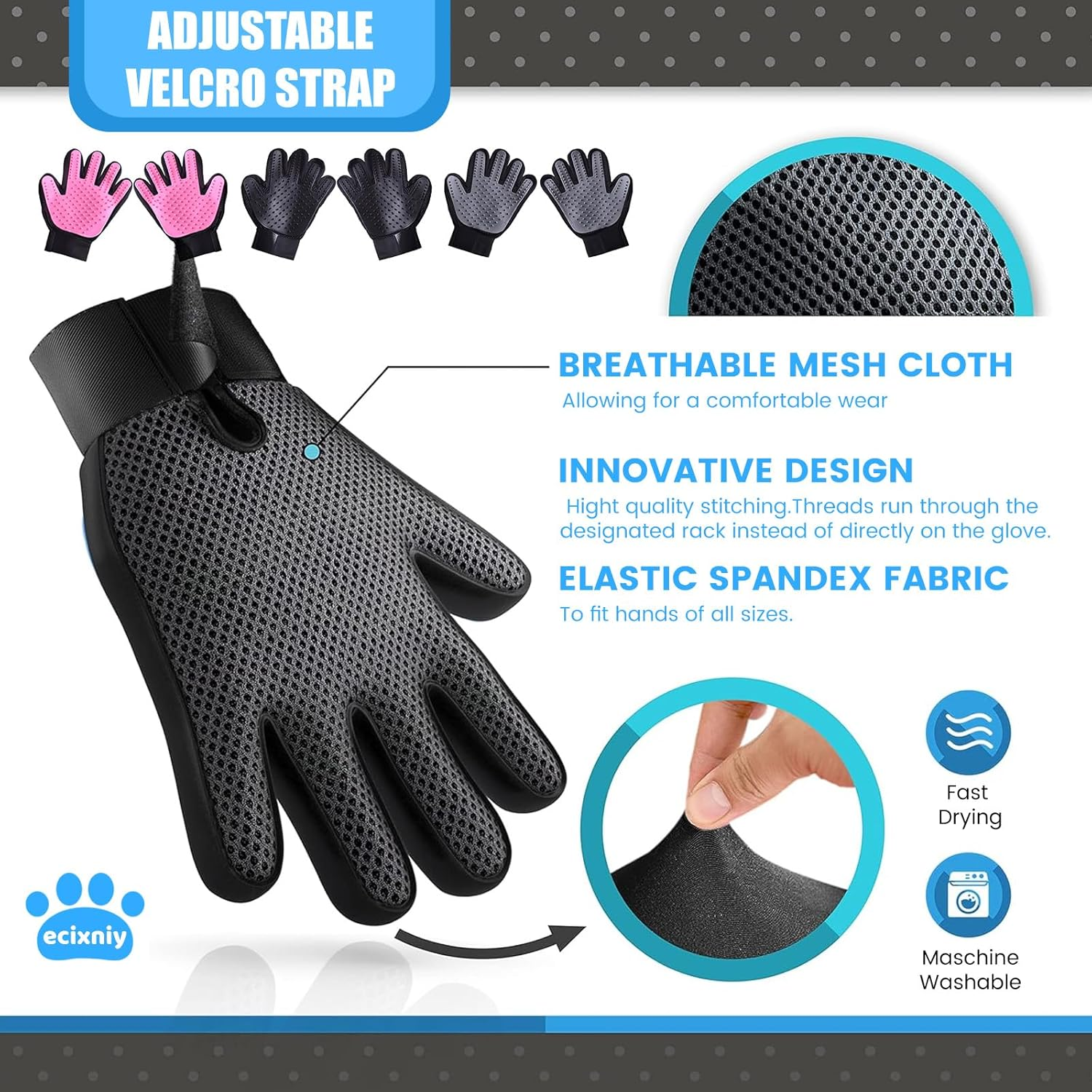 【Ecixniy】Pet Grooming Gloves,One Pair Gentle BPA Free Dog Washing Glove,Pet Hair Remover,Cat Brush Fur Removal Groomer for All Pet Hair Removal Needs-For a Clean Home & Happy Fur Babies（1Pair Black） image number 4
