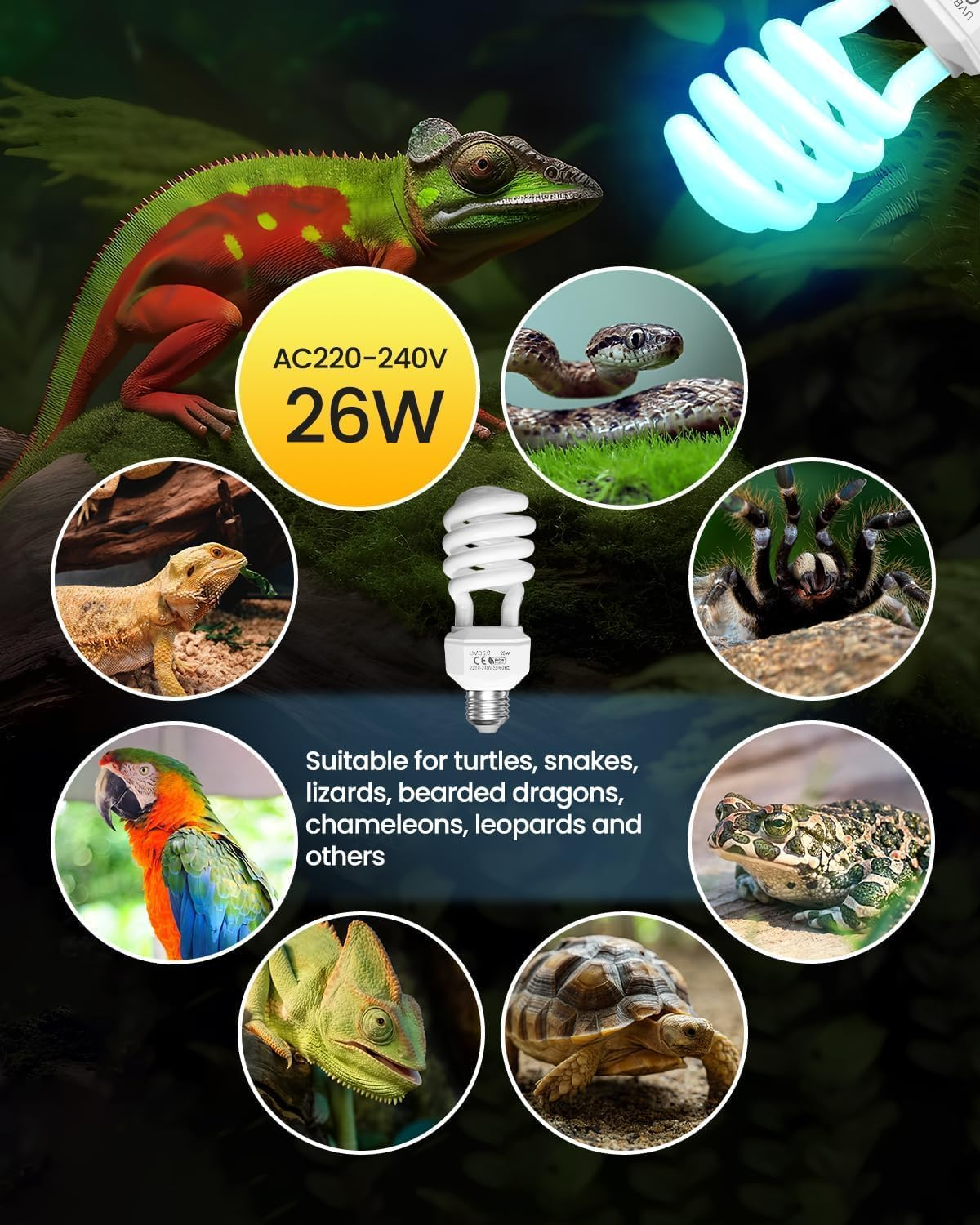 26W E27 UVA UVB 5.0 Reptile Light Bulb, Tortoise Fluorescent Light Bulb Beam Angle 360&deg; AC220-240V for Aquarium, Glass Container, Feeder, Turtle, Snake, Lizard, Etc (Pack-1) image number 2
