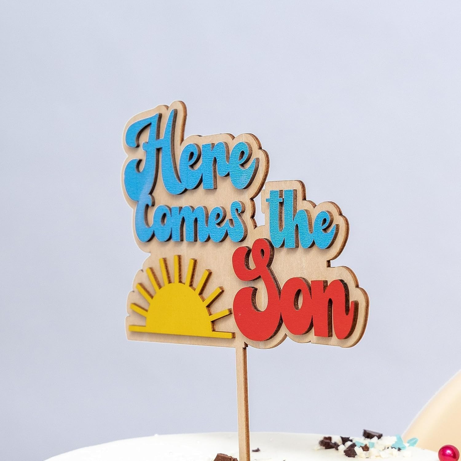 Colorful Baby Birthday Cake Topper -&ldquo;Here Comes the Son&rdquo; Sun Wooden Cake Decorations，Becomes Birthday the Focus of Cake Decoration, Suitable for Boy Birthday Party, Baby Baptism Decoration image number 2