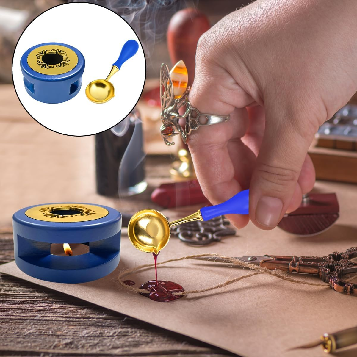 Wax Seal Kit, Wood Wax Seal Warmer, 2 PCS Wax Seal Melting Furnace Tool with Melting Spoon for Wax Sealing Stamp Letter Envelope, Wax Seal Sticks Sealing Wax Beads, Beech image number 3