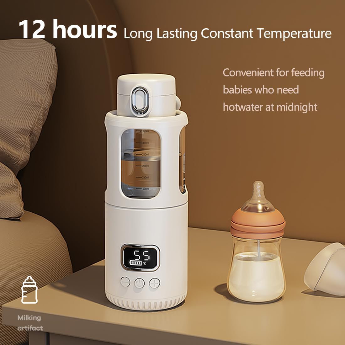 Temperature Control Milk Warmer,Portable Heating Cup with LCD Display 37&deg;C-55&deg;C Water Warmer for Instant Breastmilk, Formula with 12 Ounces Big Capacity image number 2