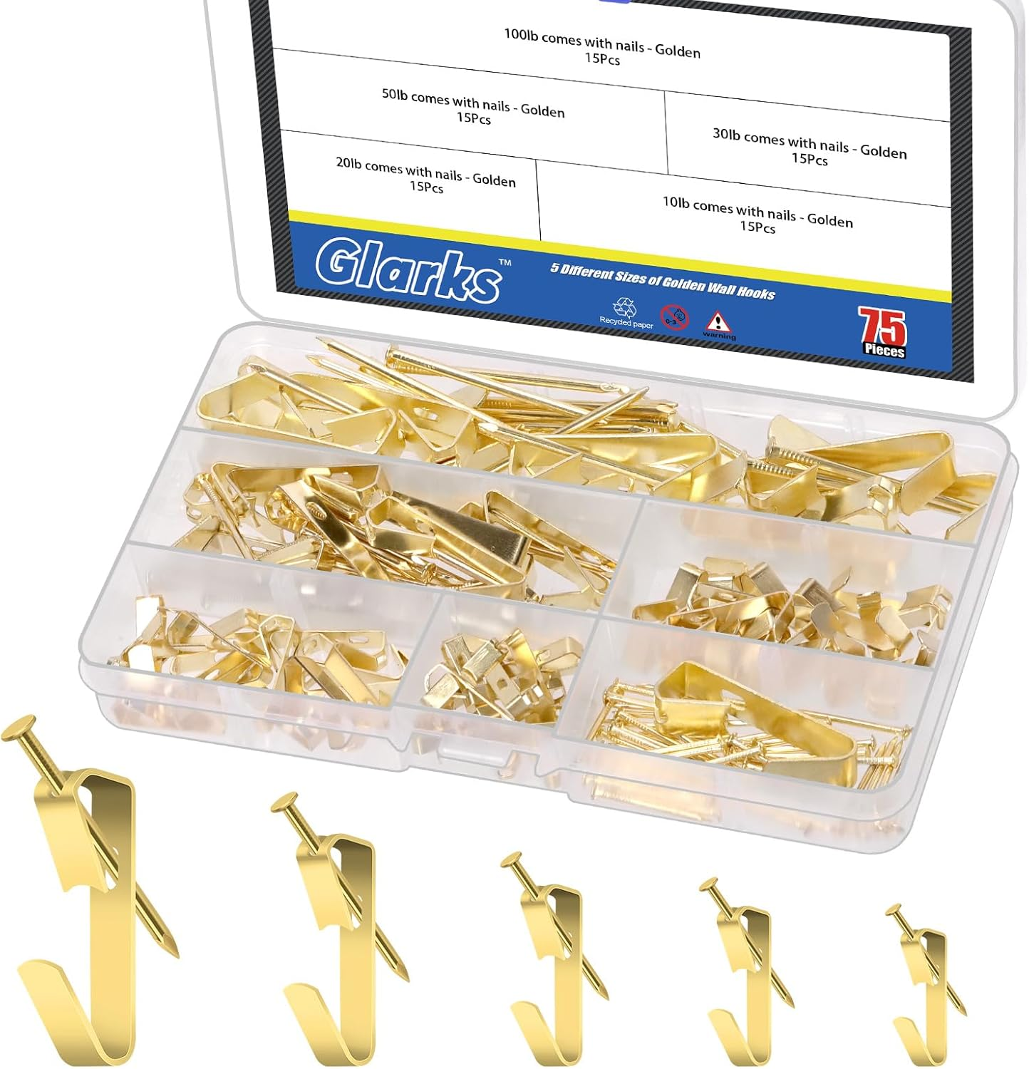 Glarks 120Pcs 10Lb/20Lb/30Lb/50Lb/100Lb Picture Hangers Hooks with Nails Kit, Gold Black Silver Picture Photo Hanging Hooks with Nails, Picture Hanging Kit for Frame, Painting, Art, Photo