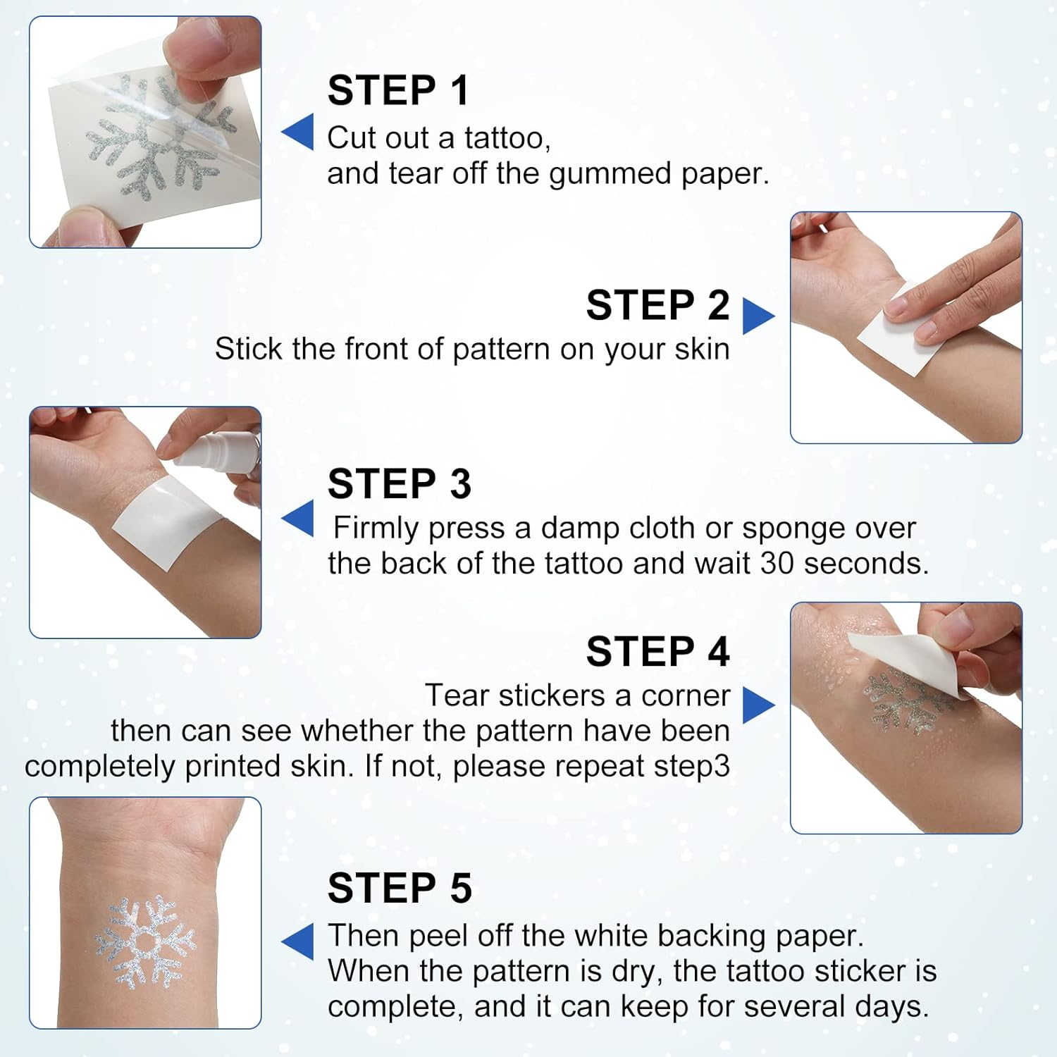 Kathfly 180 Pcs Snowflake Temporary Tattoos Winter Christmas Glitter Sticker Party Decorations Supplies Favors Gifts Cute Apparel Accessories for Body Face Women Party Supplies(Snowflake) - Multicoloured With Glitter image number 5