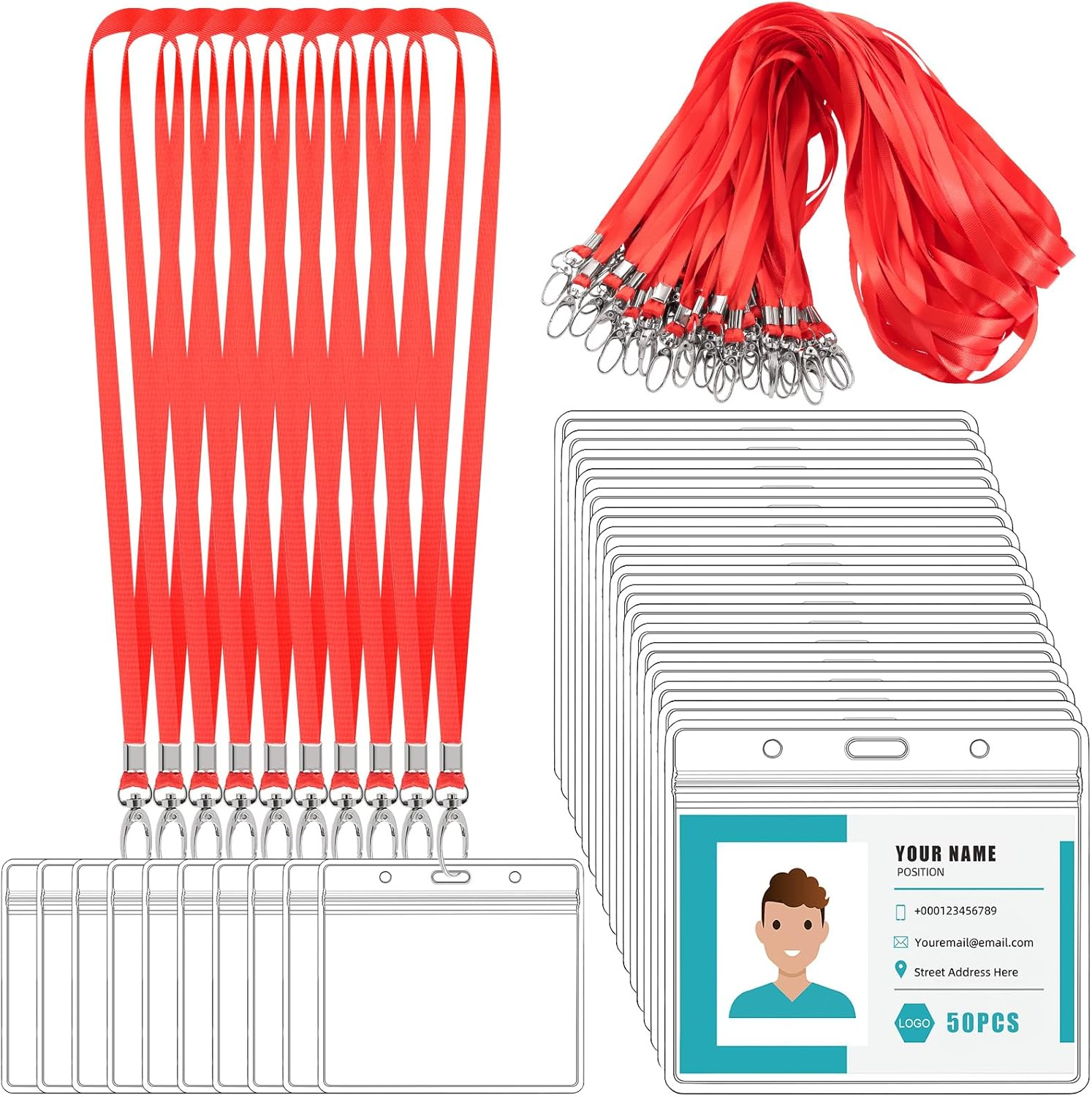 Tanstic 25Pcs Horizontal Badge Holders and Lanyards Kit, 3.3 X 3.9 Inch Clear Plastic ID Card Holders, Waterproof Name Tag Holder and Flat Neck Lanyard with Clip for Office, School (Red)