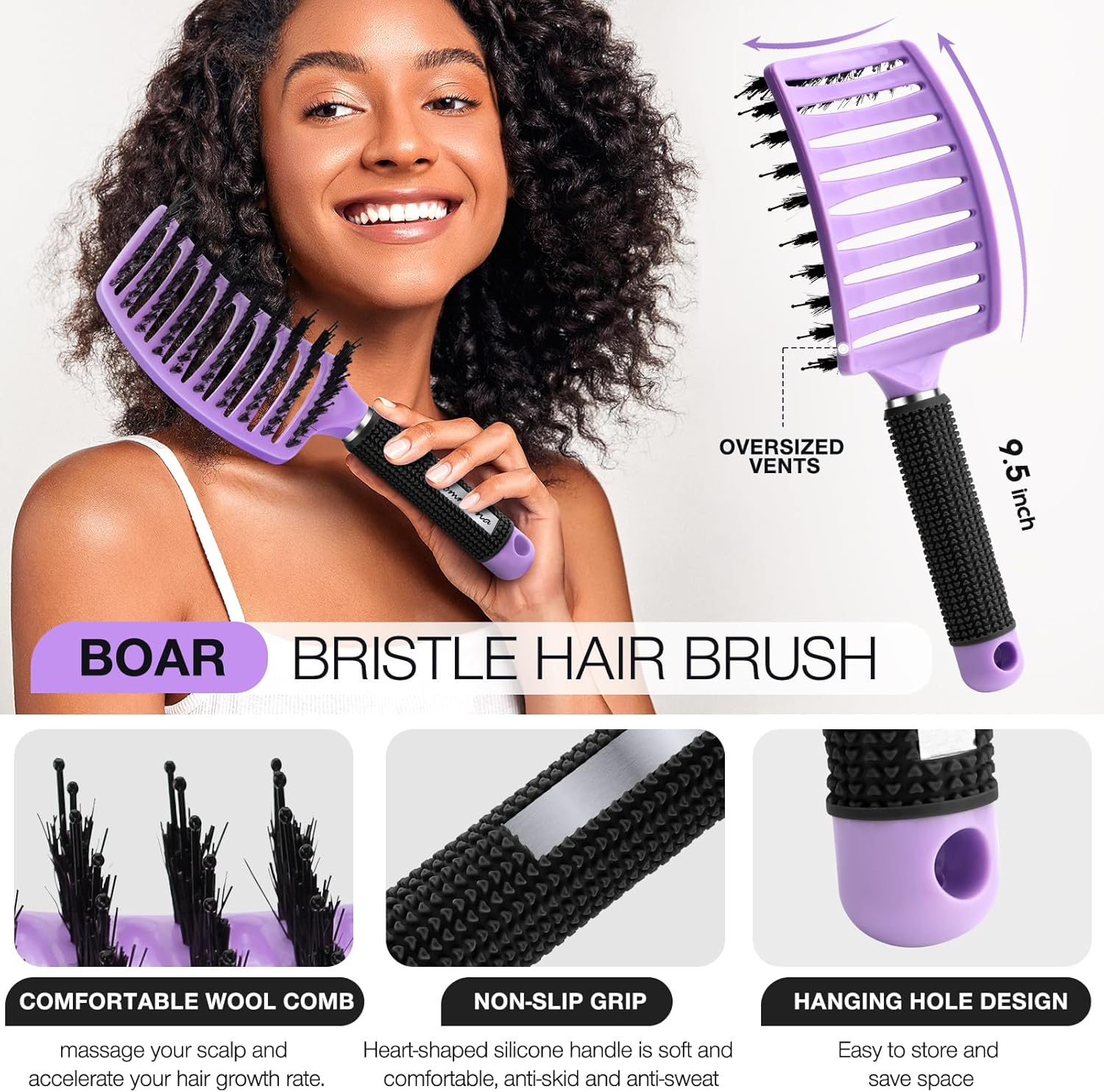 2 Pack Hair Brush Set, Hair Brushes for Women Men Kid Wet Dry Curly Thick Thin Wavy Straight Hair, Make Hair Beautiful and Smooth(Purple) image number 1