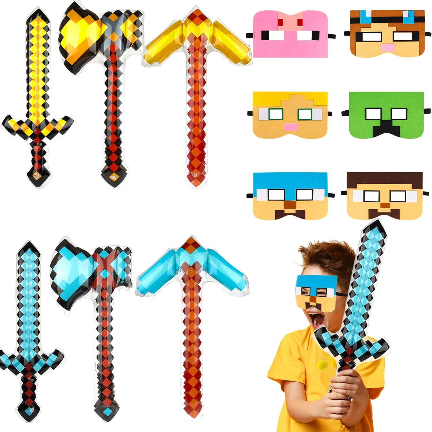 Miner Video Game Party Bag Pixel Party Pack for Children'S Birthday Party Bags, Miner Gamer Children'S Birthday Boy with 6 Balloons and 6 Felt Masks Party Bag Party Birthday Decoration Games image number 2