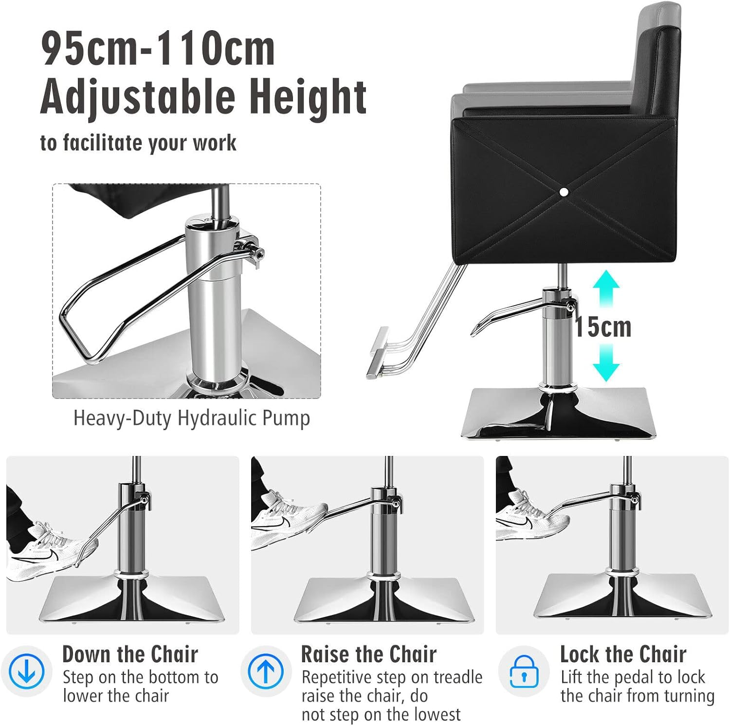 COSTWAY Barber Chair Hair Salon Styling Heavy Duty Hydraulic Pump Stylist Beauty Spa Shampoo Tattoo Equipment W/Electroplating Base, Armrests, Height Adjustable, 360&deg;Swivel, Load up 150KG Black image number 2