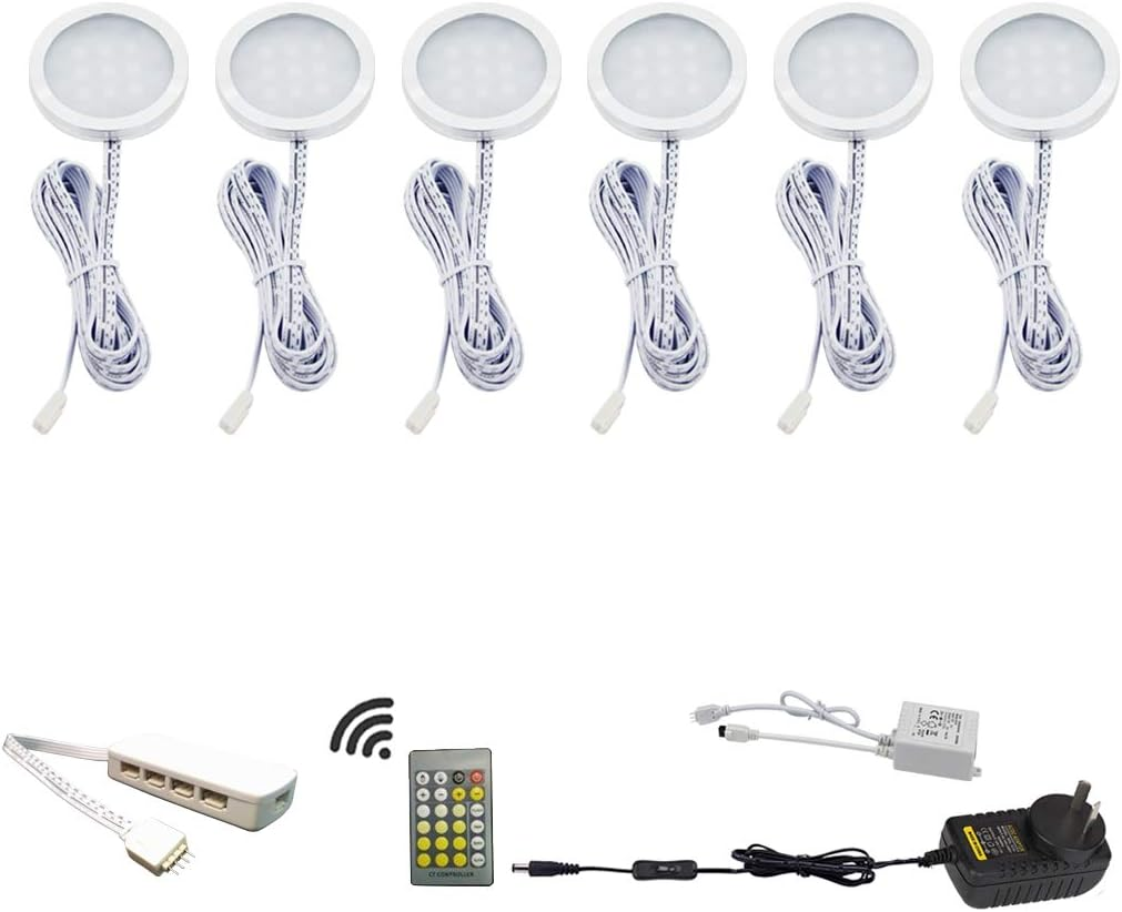 AIBOO LED under Cabinet Puck Lights CCT Light Color Temperature Adjustable Warm+White Double Color with Dimmable RF Remote Controller for Kitchen Shelf Ambiance Display Lighting 6 Lights 18W image number 1