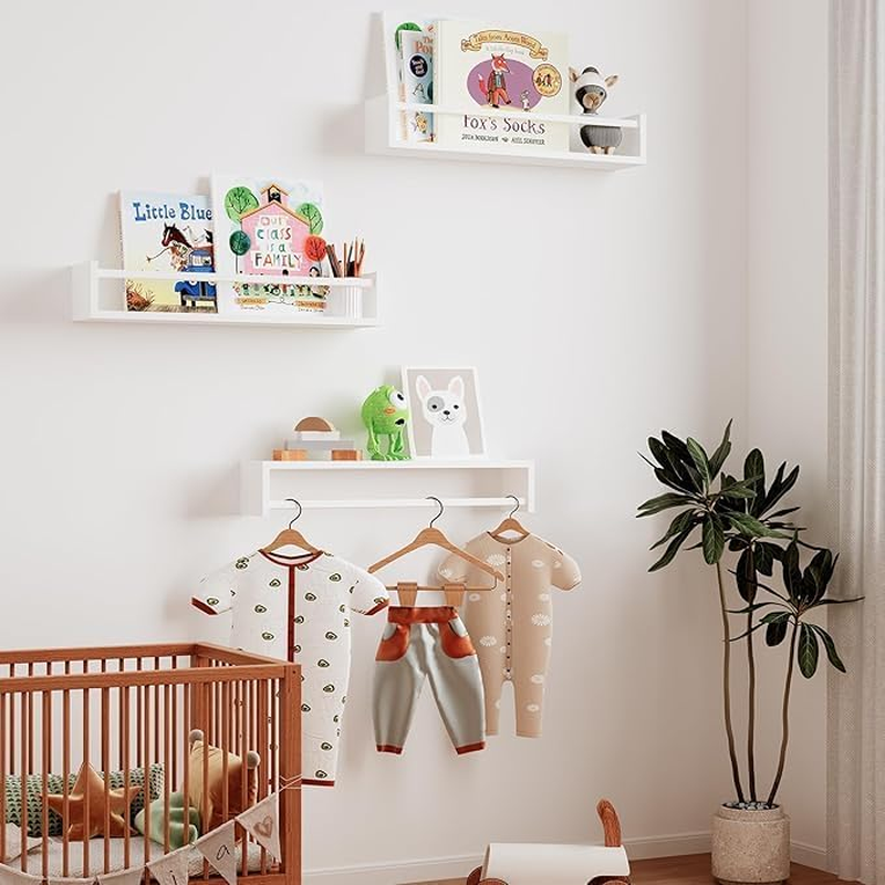 Kids Room Nursery Book Shelves for Wall Set of 3, Floating Kids Bookshelf for Girls Boys Bedroom, Wood Hanging Book Shelf and Toy Storage for Baby Toddler Childrens (All White) image number 5