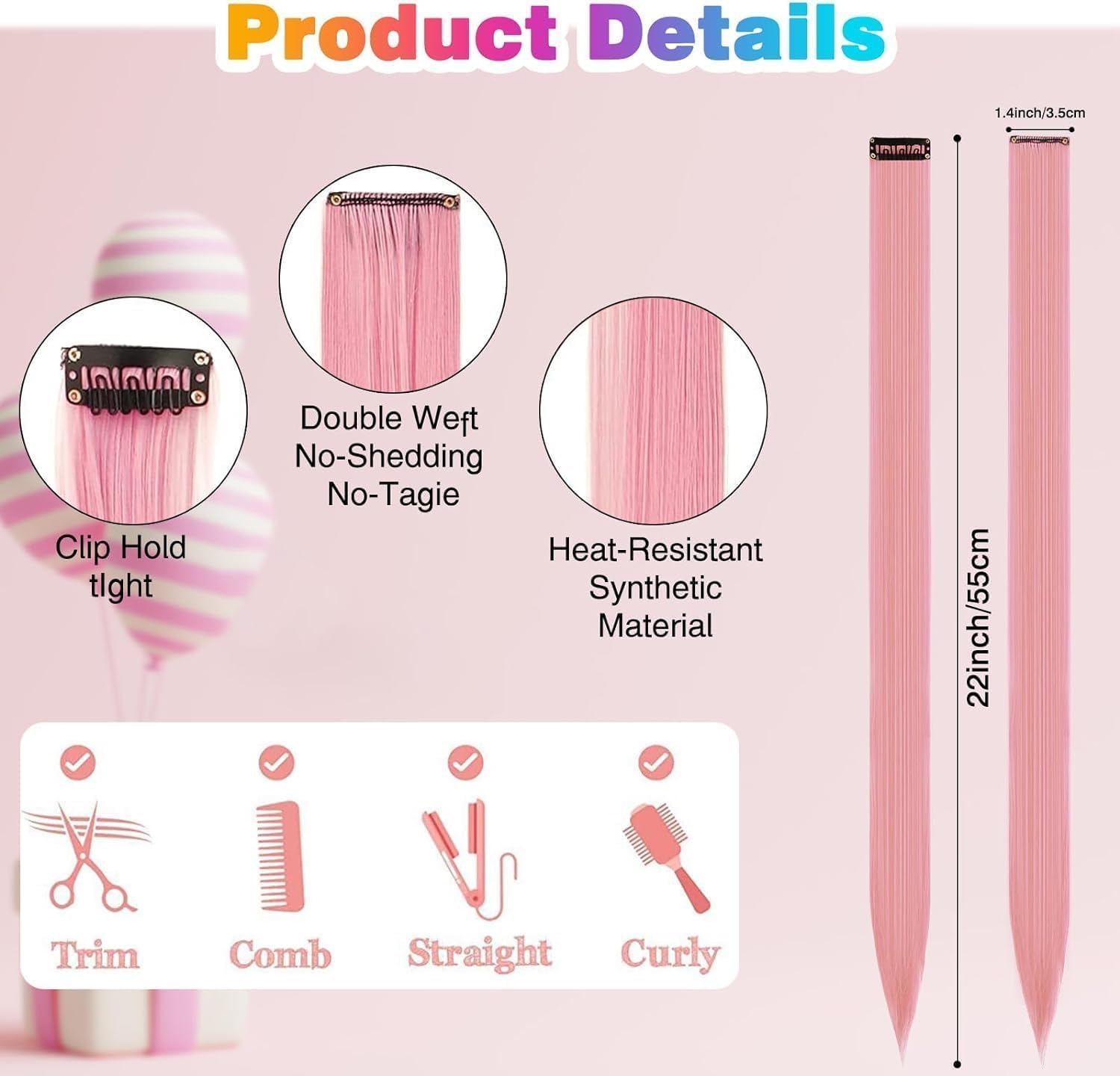 26Packs Color Hair Extensions Clip In, POIUNA 20Inch Rainbow Hair Extensions for Kids Clip in Hair Extension for Kids Girls Party Highlights Synthetic Hairpiece for Girls (13 Colors) image number 3