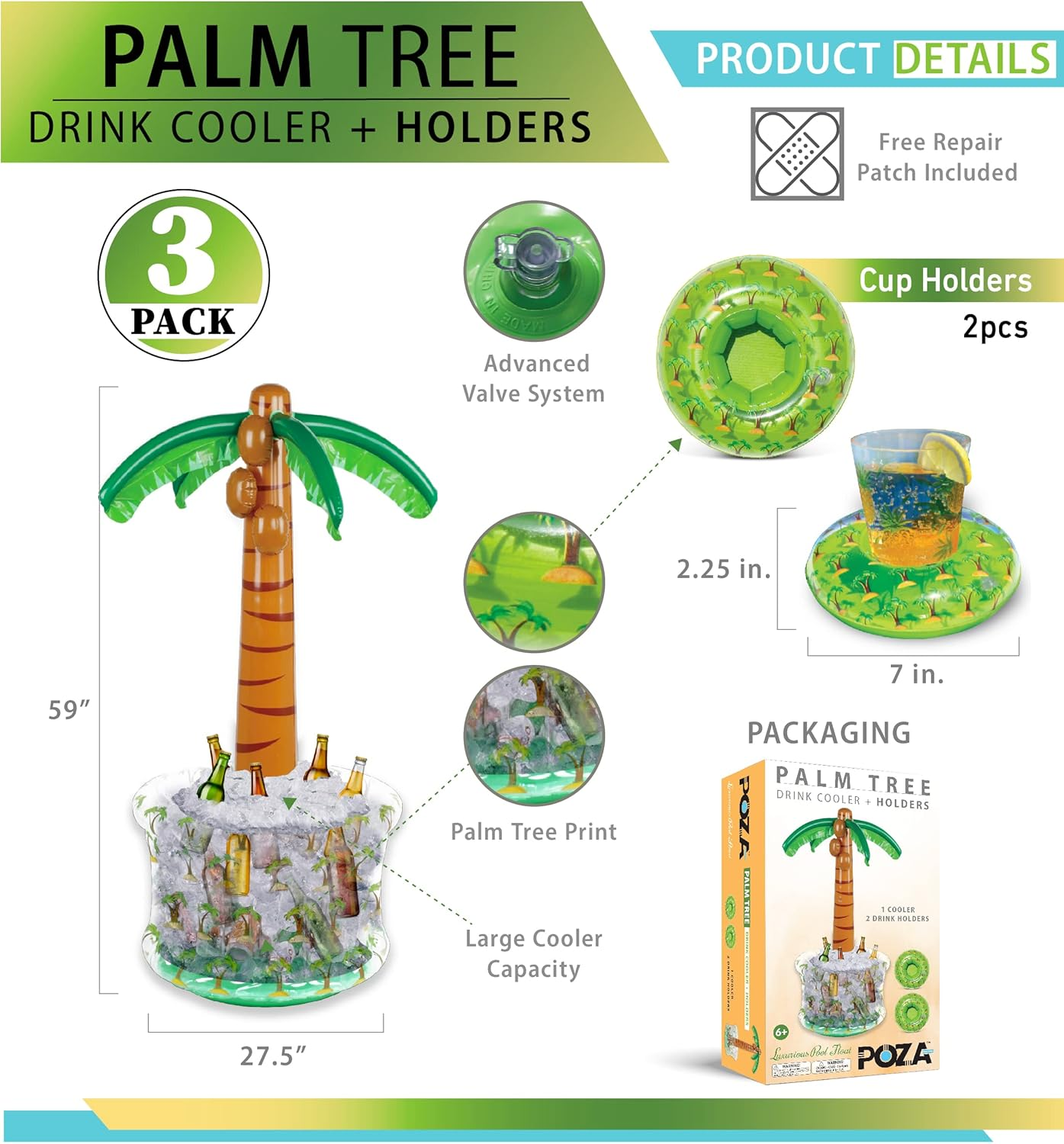 Inflatable Pool Giant Tropical Palm Tree Drink Cooler Accessory 59 X 27.5 X 27.5 Inches Premium Elegant Heavy Duty Vinyl Pool Decor for the Beach Party Vacation UV Resistant Pool Party #201011 image number 5