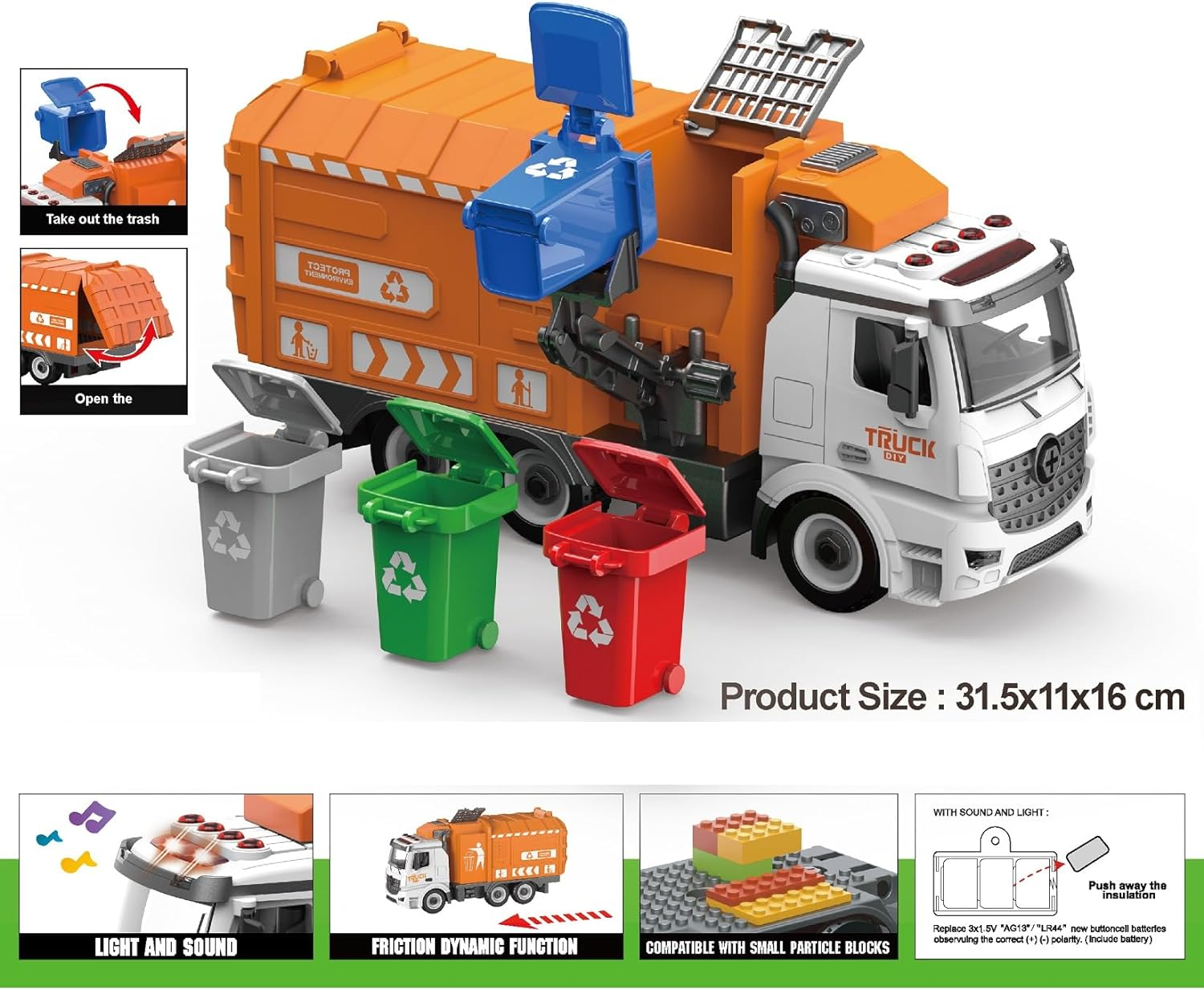 Toy Bin Truck Recycling Garbage Bins Inertia Friction Power DIY Truck Building Automatic Lifting Sound Lights with 4 Coloured Bins image number 2