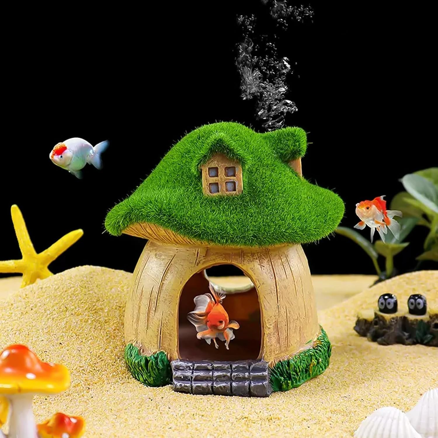 Fish House for Aquarium,Resin Fish Tank Decoration,Mushroom House Fish Cave Shrimp Hideout Shelter with Lifelike Moss,Reptiles Fish and Shrimp Shelter Landscape Cave Decor image number 6