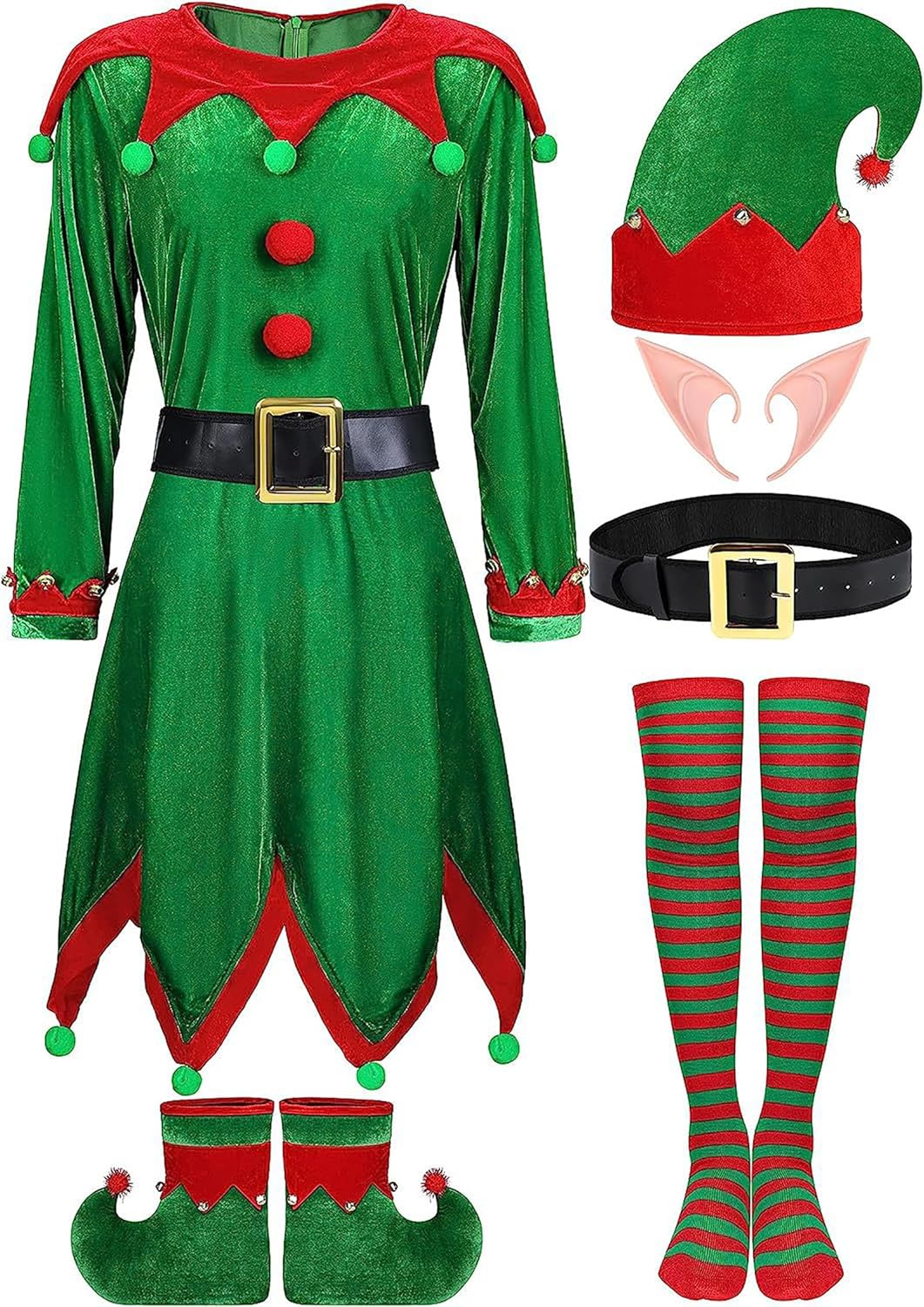 Elf Costume for Women Christmas Halloween Party Cosplay Dress 6 Packs Santa'S Helper Costume Christmas Outfit Elf Hat Shoes Ears Belt Socks image number 4