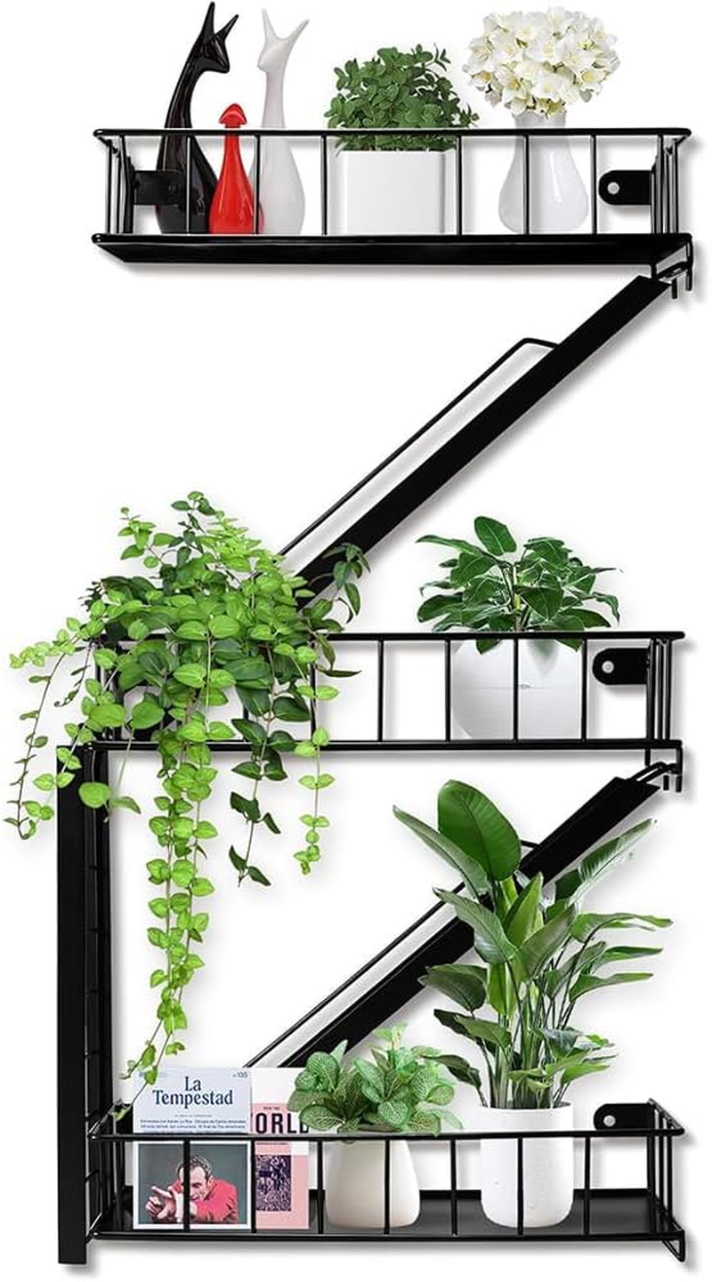 Fire Escape Wall Shelf &ndash; 3 Tier Metal Floating Ladder Shelves, New York Style Decorative Wall Organizer, Action Figure & Book Display Rack for Living Room, Bedroom, Office Decor