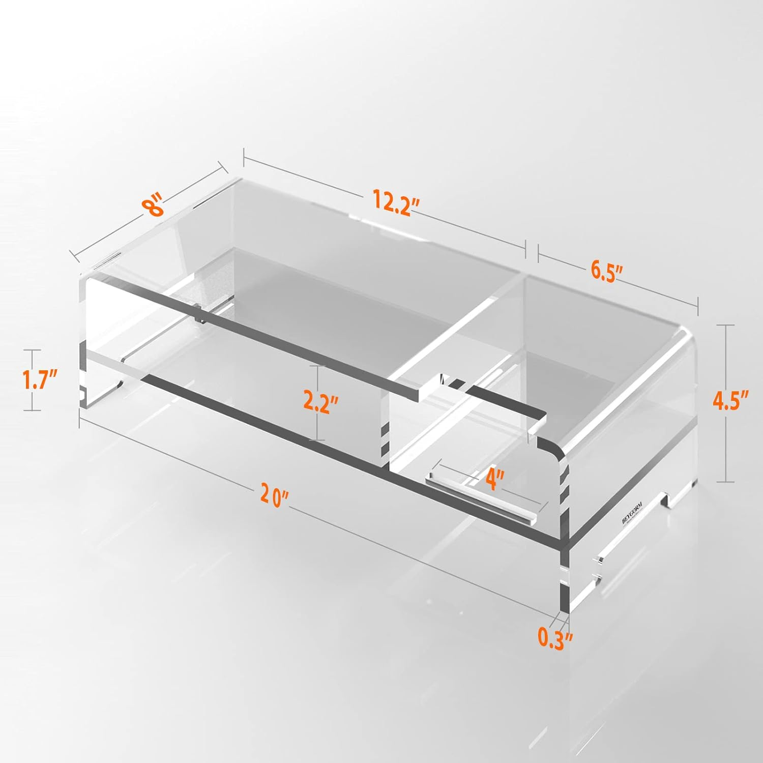 BEYGORM Acrylic Monitor Stand Riser, Wide 20", 2 Tier Computer with Storage, Desk Organizer Desktop Printer Laptop Storage Shelf Screen Holder Phone Holder(Clear)