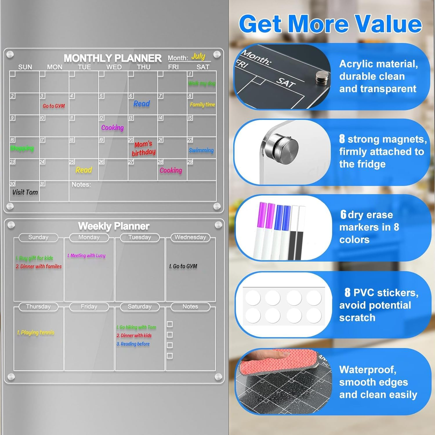 Acrylic Magnetic Dry Erase Board and Calendar for Fridge,43 * 30Cm Clear Acrylic Magnetic Dry Erase Planning Board of Monthly Calendar for Refrigerator with 6 Colored Markers and a Towel image number 4