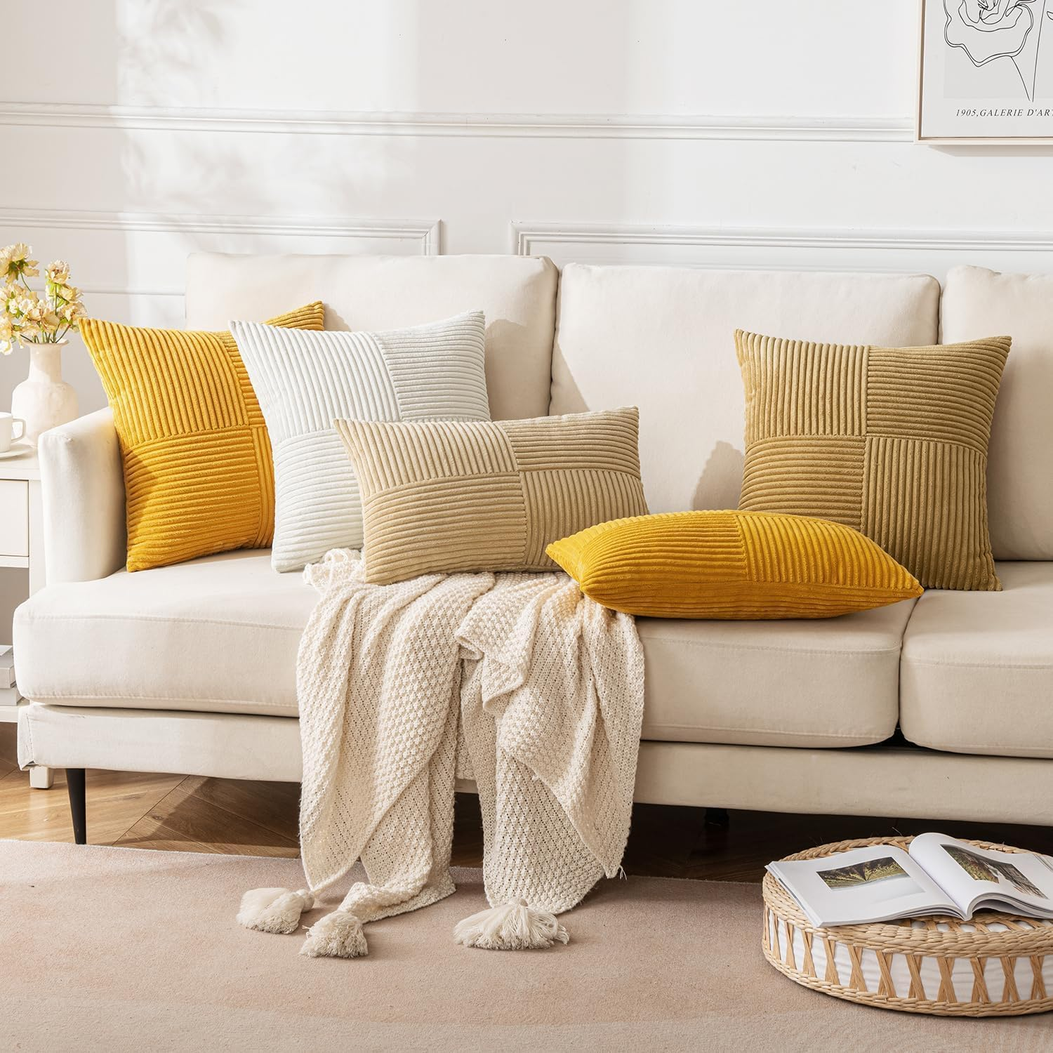 2 Pack Beige Boho Decorative Corduroy Throw Pillow Covers 18X18 Inch Soft Pillow Covers Solid Pillowcases Cross Patchwork Textured Cushion Covers for Living Room Decor Couch Bed Sofa-Yellow