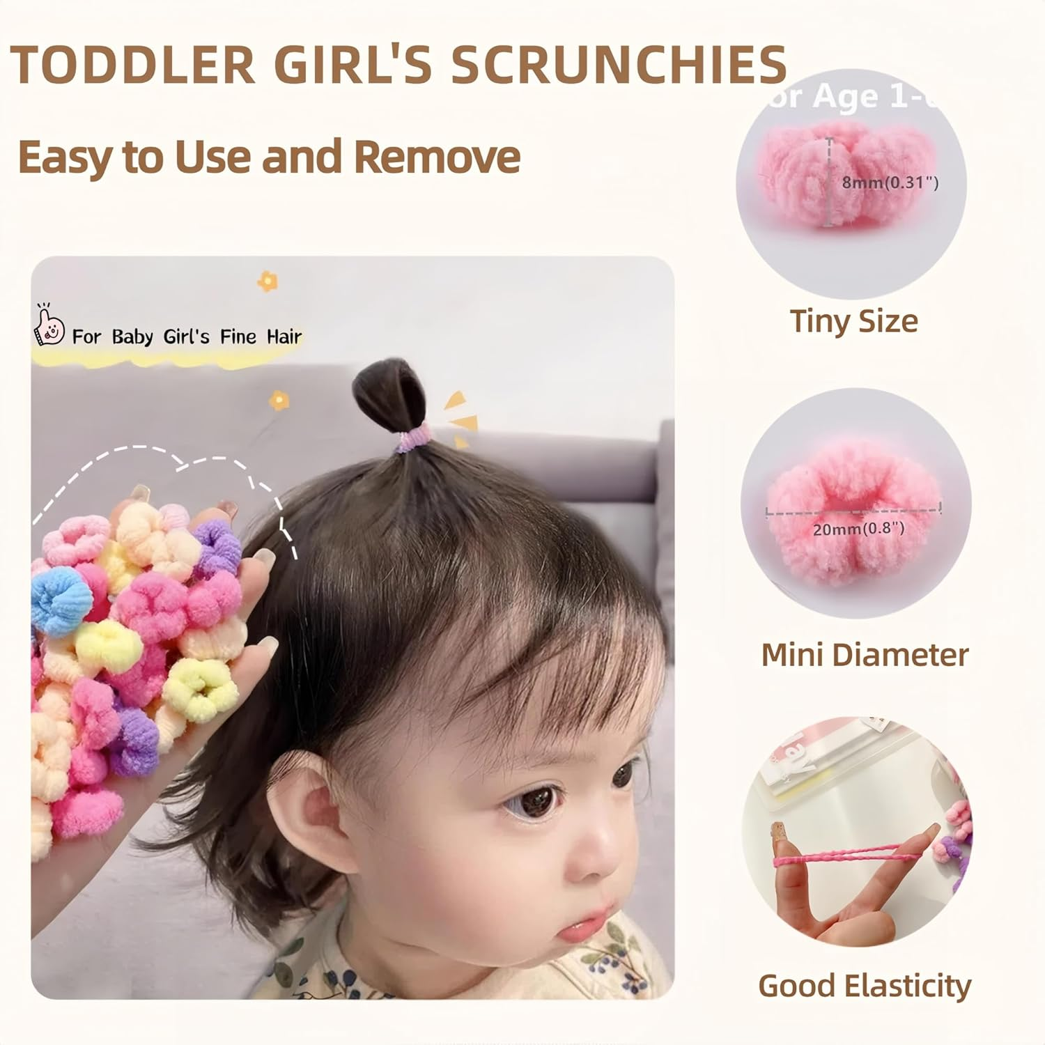 Toddler Hair Ties, Mini Hairties for Infant Girls,No Damage Hair Scrunchies for Children,Soft Cotton Hair Tie,Seamless,105-110 Pcs,Won'T Pull Out (Muti-Colored A) - Brown image number 2