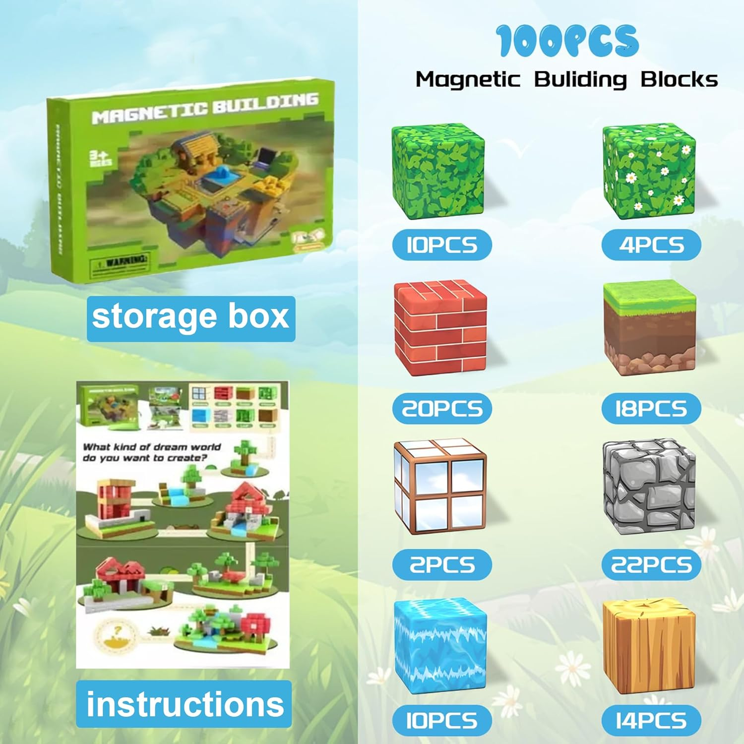 Magnetic Building Blocks,100Pcs Build Forest & Mine Adventure Magnet World, Construction Cubes with Multiple Patterns for Creative, STEM Montessori Sensory Stacking Toy Gifts for Kids image number 5