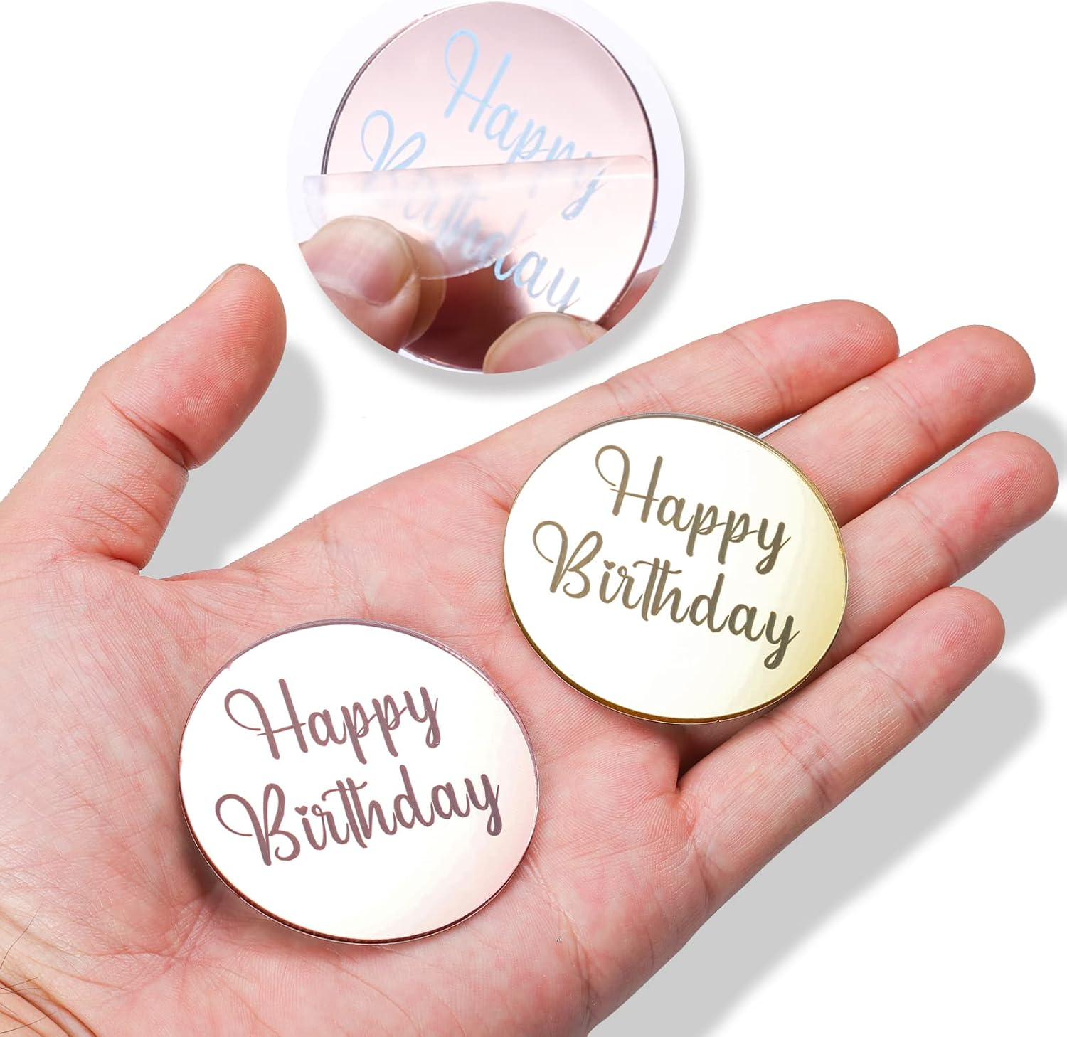 AIEX 33 Pieces Happy Birthday Decorations, Happy Birthday Topper Acrylic Mirror Decoration for Cupcakes Happy Birthday Topper Cake Birthday (Gold, Silver and Rose Gold, Round) image number 6