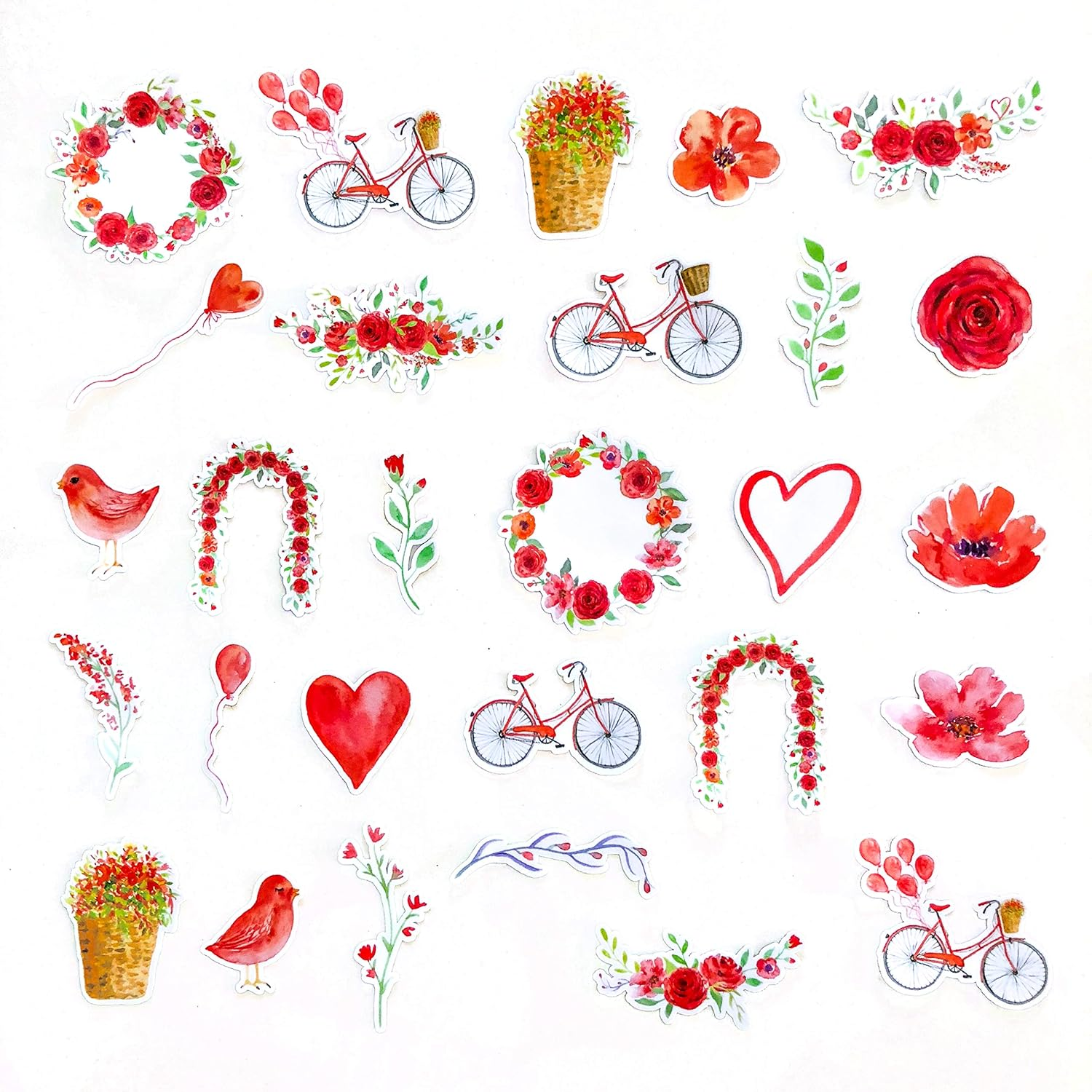 Navy Peony Red Heart and Rose Valentine Stickers (28 Pieces) | Waterproof Decals for Laptops | Stickers for Scrapbook and Journal image number 1