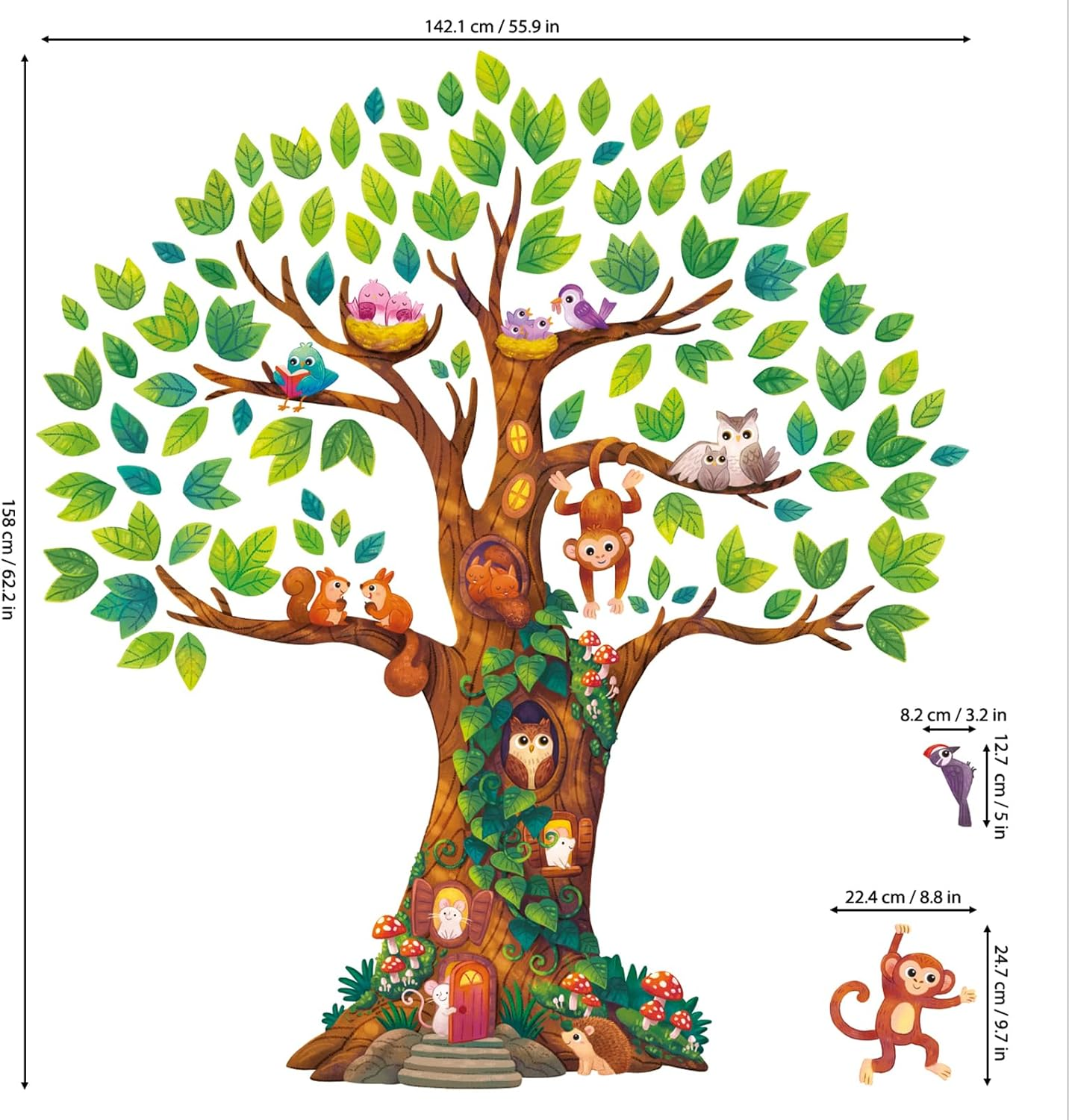 DECOWALL Treehouse Animal Wall Stickers &ndash; Monkeys, Owls, Birds & Squirrels Tree Decals for Kids Bedroom, Nursery or Playroom Decor (DL4-2303) image number 6