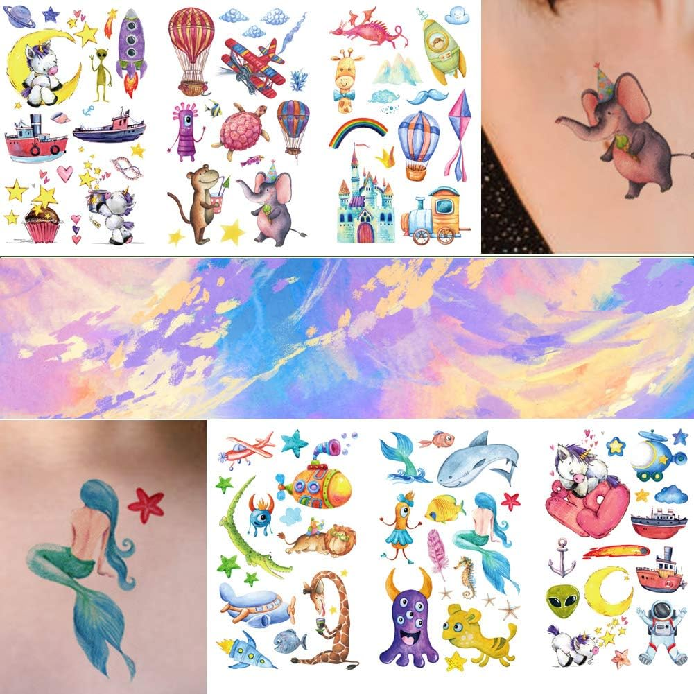 Kids Temporary Tattoos for Little Girls Boys, 120+ Small Space Astronaut Alien Dinosaur Mermaid Fake Face Stickers for Children Birthday Party Supplies Goodie Bag Stuffers image number 4