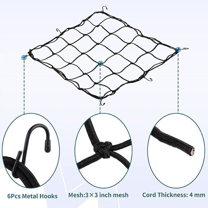 THJOPOKEEL Motorcycle Bungee Cargo Net 15.7 X 15.7 Inches，Helmet Mesh with 6 Covered Hooks, Durable Bike Hold down Accessories for Motorbike, Scooter, Moped, ATV. image number 4