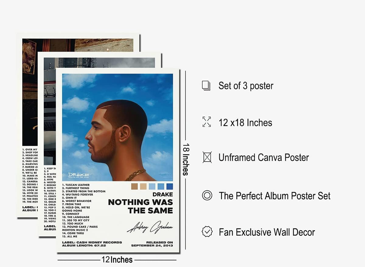 A Set of 3 Canvas Posters,Drake Poster Nothing Was the Same Poster, Album Aesthetics 3 Piece Set,12X18In Canvas Prints Unframed Set of 3