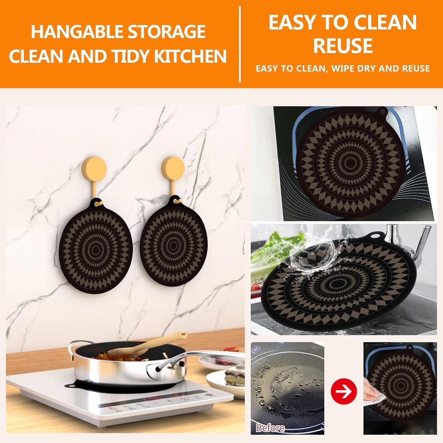 2 Pcs 9.5 Inch Silicone, Glass Fiber Diamond Shaped Induction Cooktop Mat, Protects from Scratches, Thermochromic, Multi-Functional image number 2