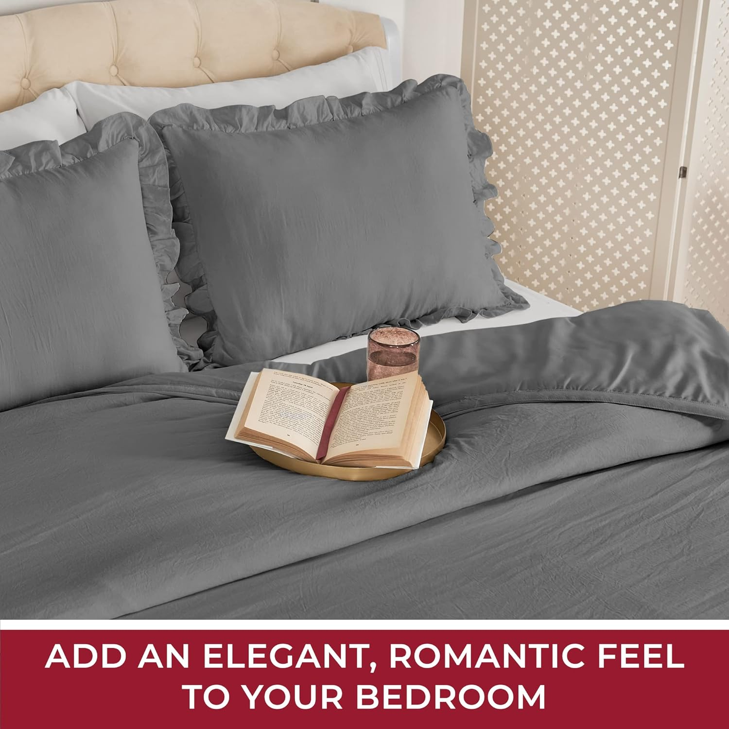 Mellanni Multi-Ruffled King Comforter Set - 3-Pieces: 1 Bedspread & 2 Shams - Shabby Chic Bedding Set - 30" Deep Bedskirt for Total Coverage - Durable and Comfortable Chic Bedspreads (King, Gray) image number 2