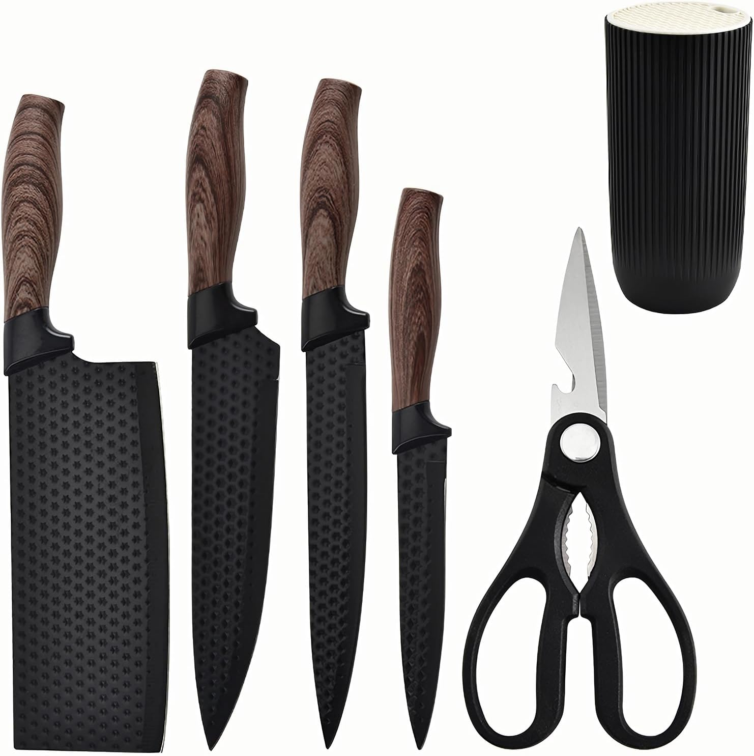 Black 6-Piece Kitchen Knife Set with Block - Includes Chef'S, Santoku, Bread, Paring Knives and Kitchen Shears