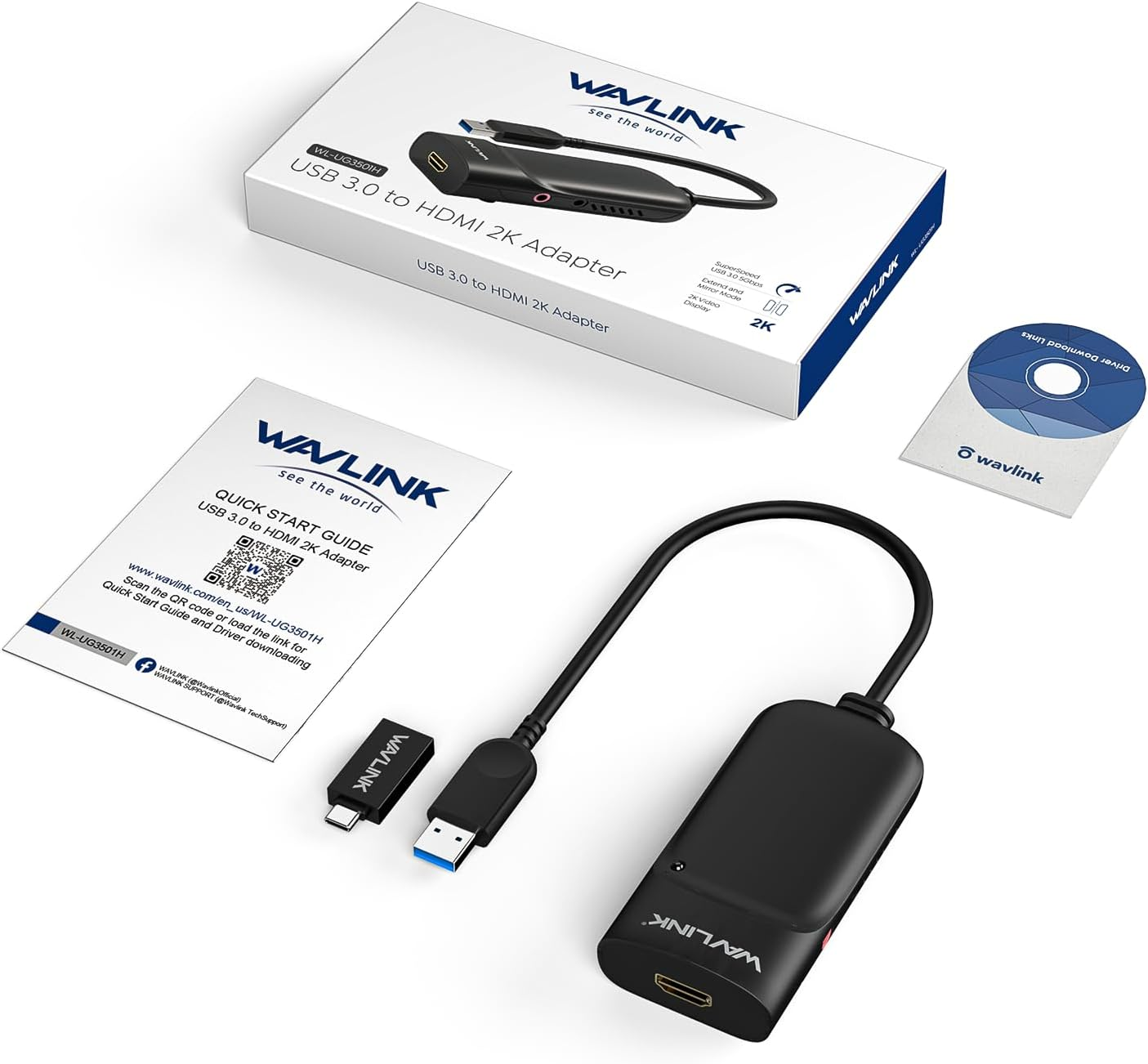WAVLINK Universal USB 3.0 or USB-C to HDMI Adapter, Displaylink Chips External Video Card 2K Display Monitor,Supports 2560 &times; 1440 Resolution with Audio Port for Windows&Mac OS 10.14 or Latest&Linux