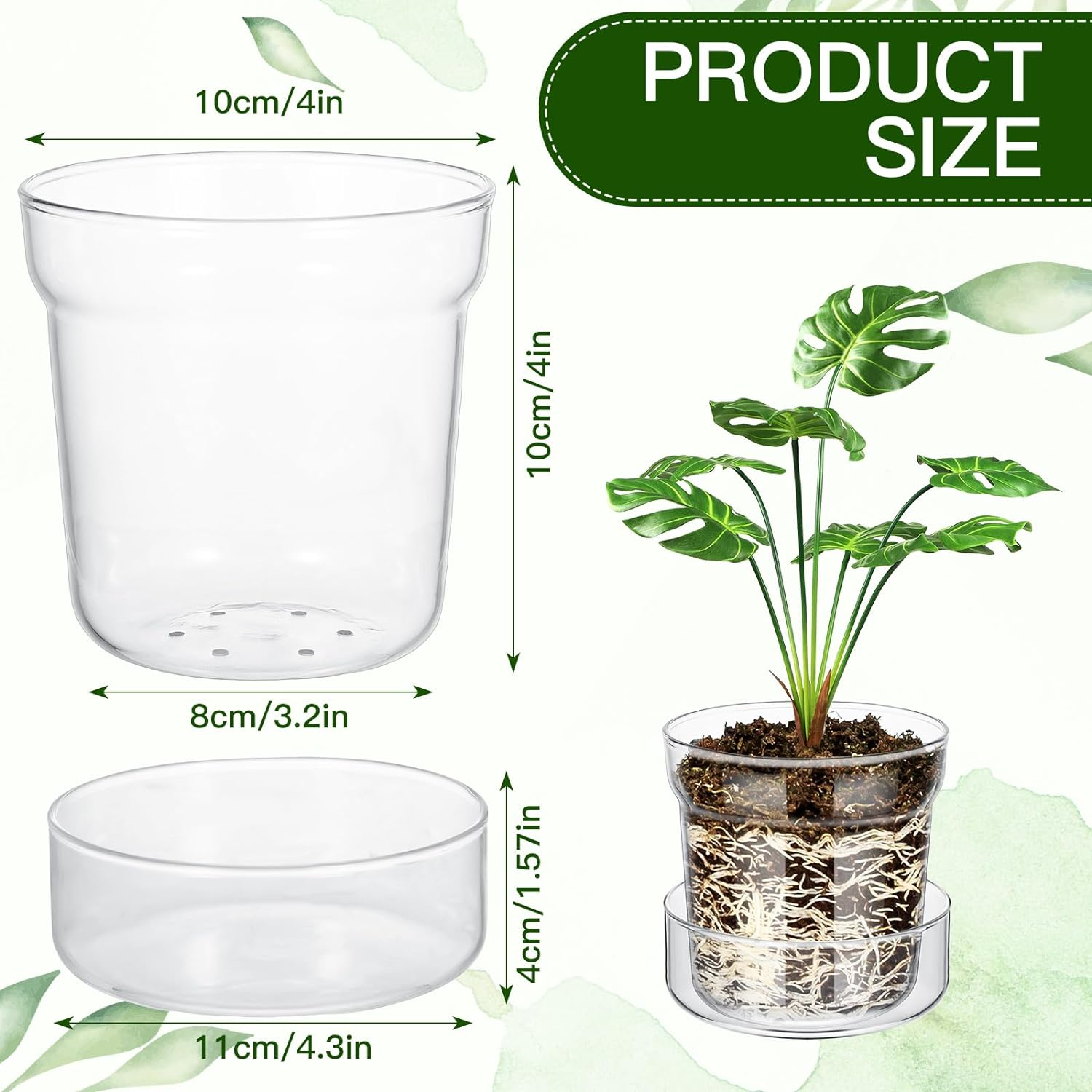 Baderke 4 Inch Glass Plant Pots with Saucer, Flower Nursery Plant Pots with Drainage for Flower Seed Starter Transparent Seedling (1 Set) image number 3