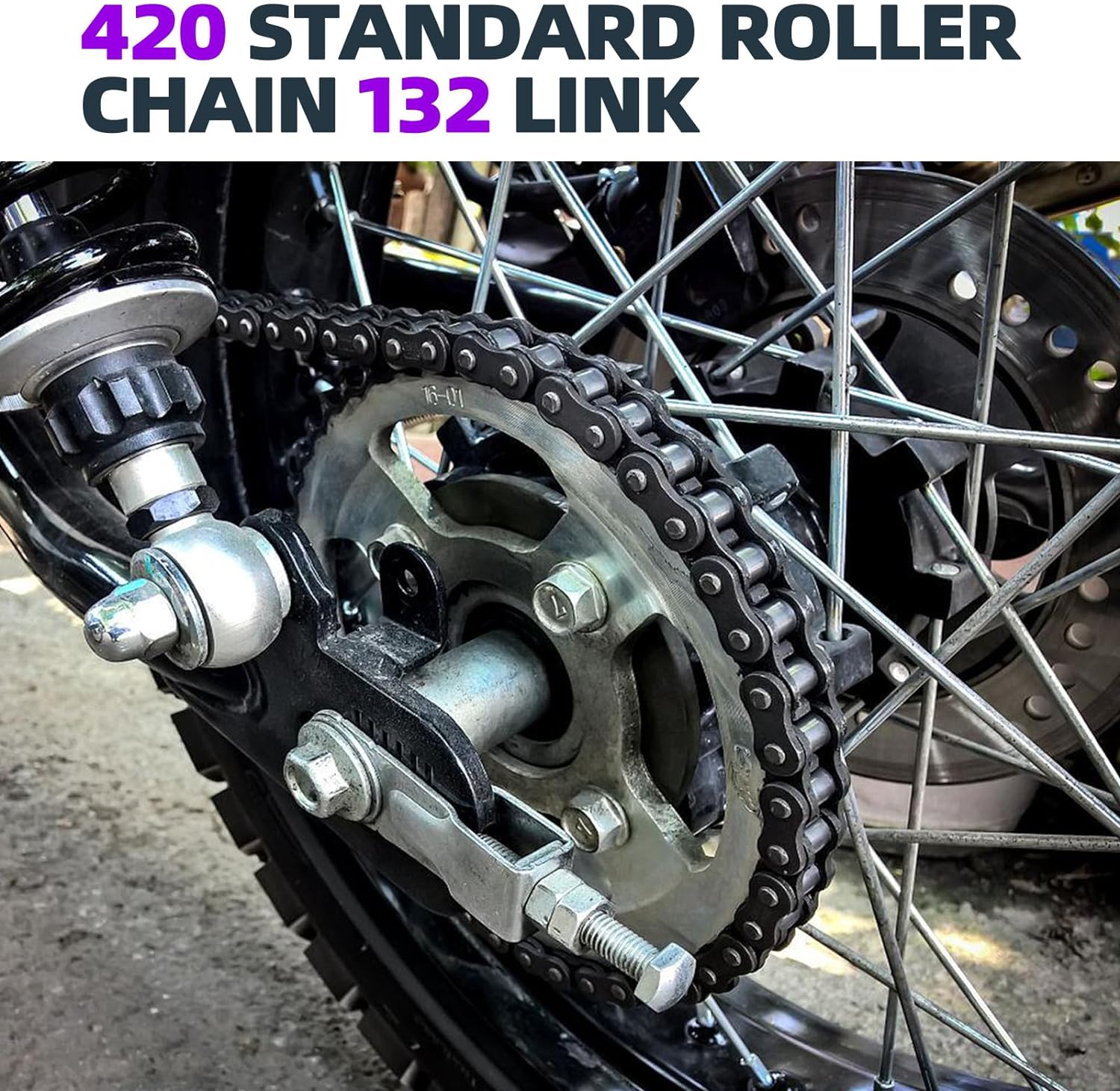 Swpeet 59" 420 Standard Roller Chain Motorcycle Kit - 132 Links with Chain Breaker, Carbon Steel Drive for 110Cc 125Cc Dirt Pit Bike ATV Quad Go Kart Scooter image number 4