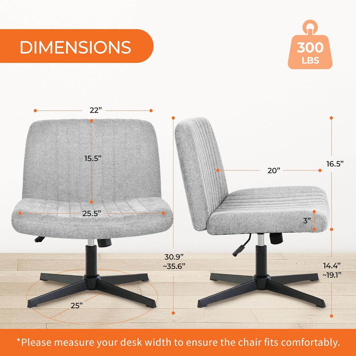 Orange Factory Criss Cross Chair No Wheel Wide Cross Legged Office Desk Vanity Chair Comfy Fabric Armless Adjustable Swivel for Home Computer Task (Gray) image number 3