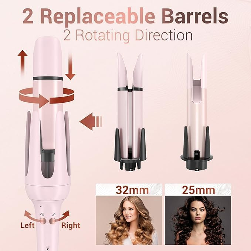 Automatic Curling Iron Hair Curler, Replaceable Curling Wand with 2 Sizes Barrel (1", 1.25") & 3 Temps, Hair Waver with Anti-Tangle & Auto-Off, Double Voltage Rotating Curling Iron for Long Hair-Rose