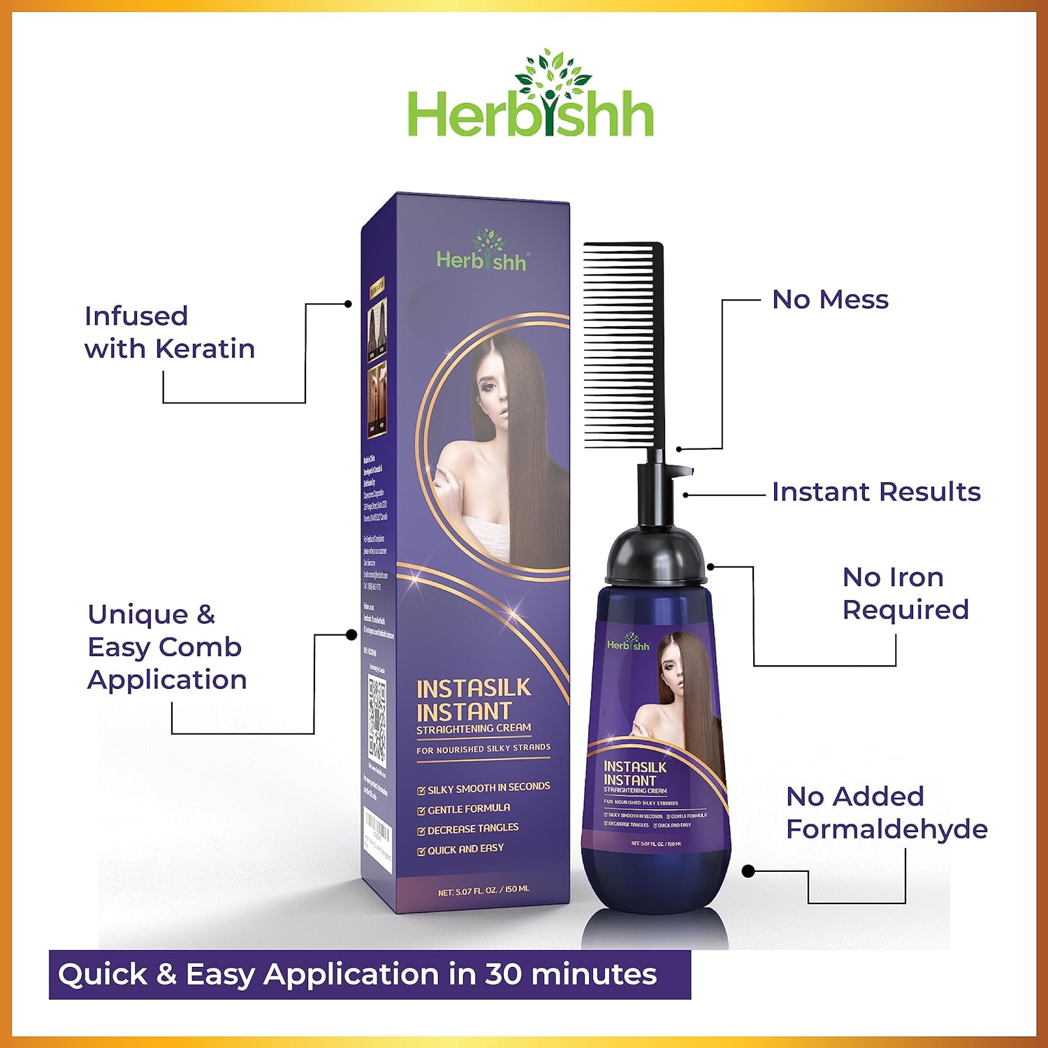 Herbishh Instant Hair Straightener Cream with Applicator Comb Brush &ndash; Straightening in Seconds &ndash; Smooths Curls, Tangles & Frizz &ndash; Completely Straight Hair Treatment &ndash; Gentle Ingredients &ndash; 150 Ml image number 6