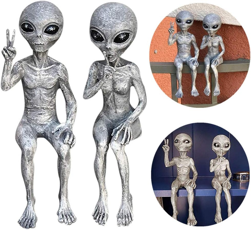 Alien Statue,2Pcs Outer Space Alien Garden Statue,Resin Alien Ornaments,Alien Sculpture Figure,Whimsical Garden Decoration,Funny Statue for Indoor & Outdoor image number 2