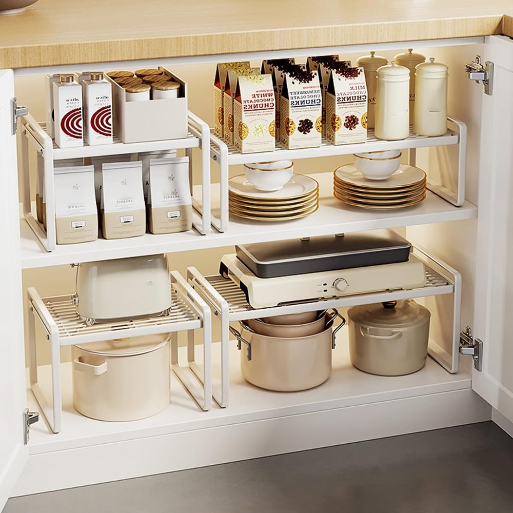 Kitchen Cabinet Organiser, Shelf Insert with Non-Slip Mat, Kitchen Cabinet Insert, for Kitchen/Bathroom/Tabletop/Sideboard (White) image number 4